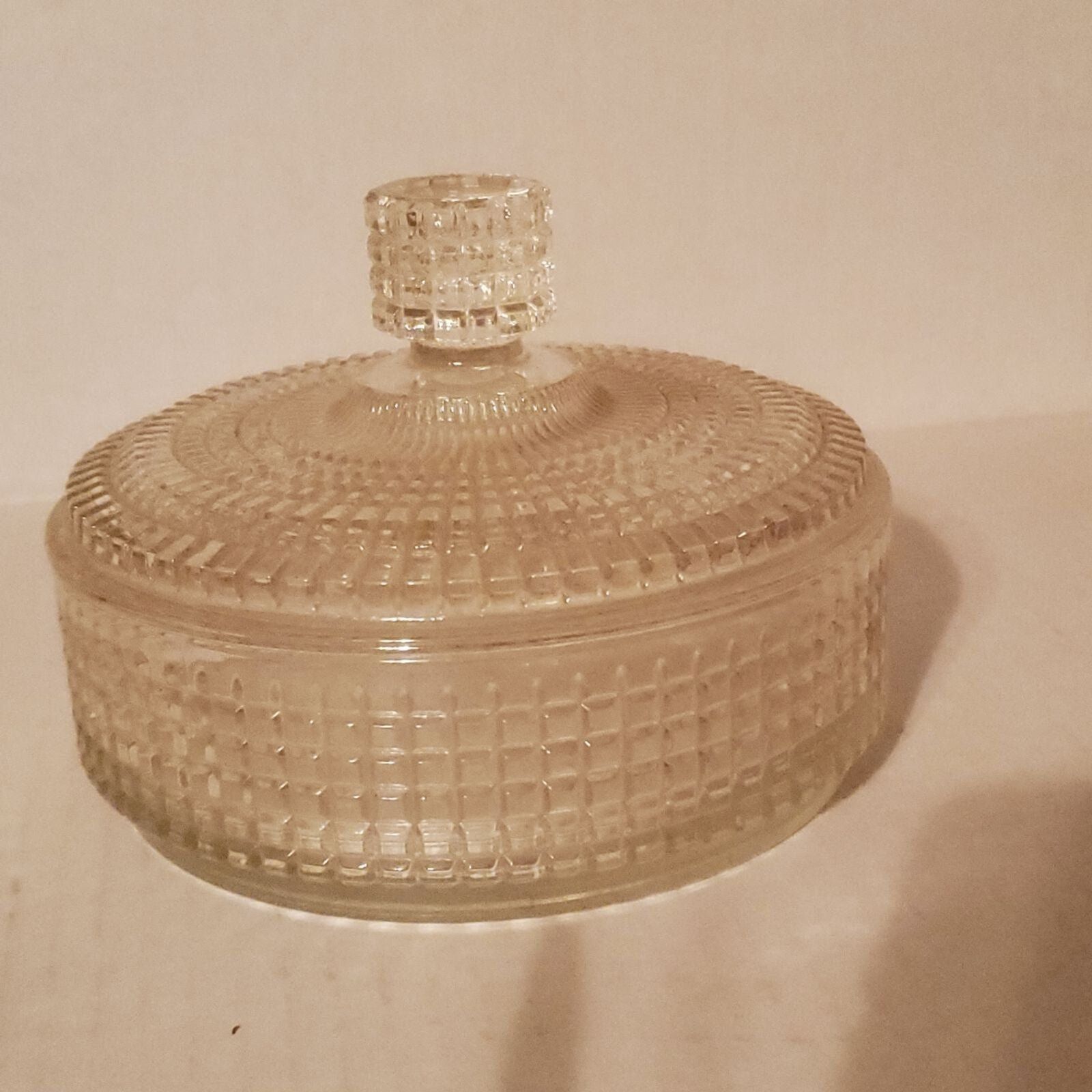 Vintage Diamond Cut Round Glass Powder Trinket Dish With Lid