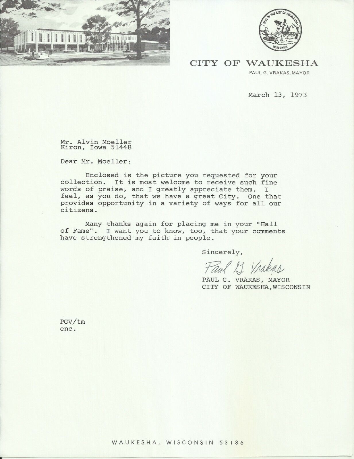 Paul G. Vrakas - Mayor Waukesha WI Original Autograph Signed Letter with Photo