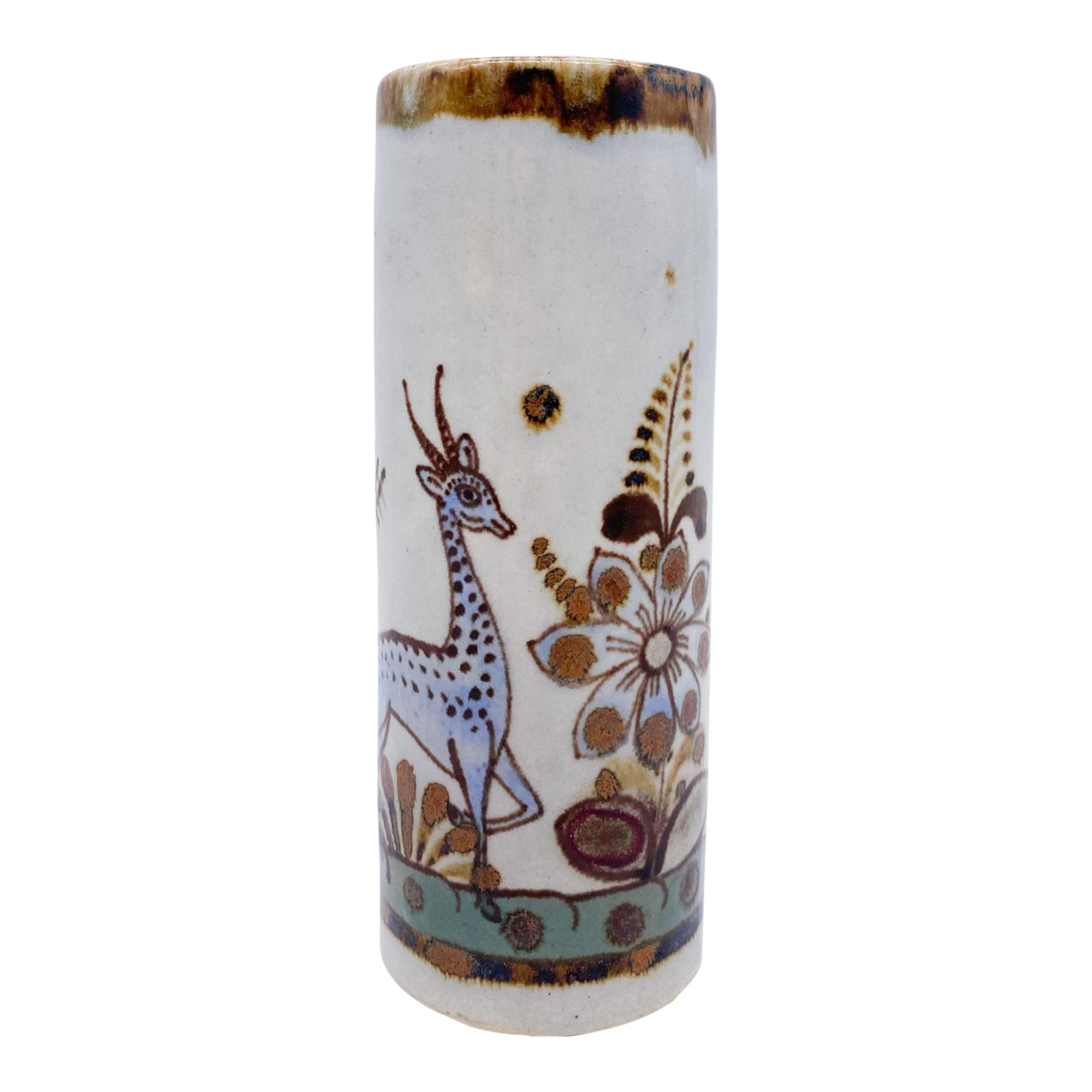 Mid-Century G. Lucano Tonala Mexican Pottery Vase- Flower and Deer Motif
