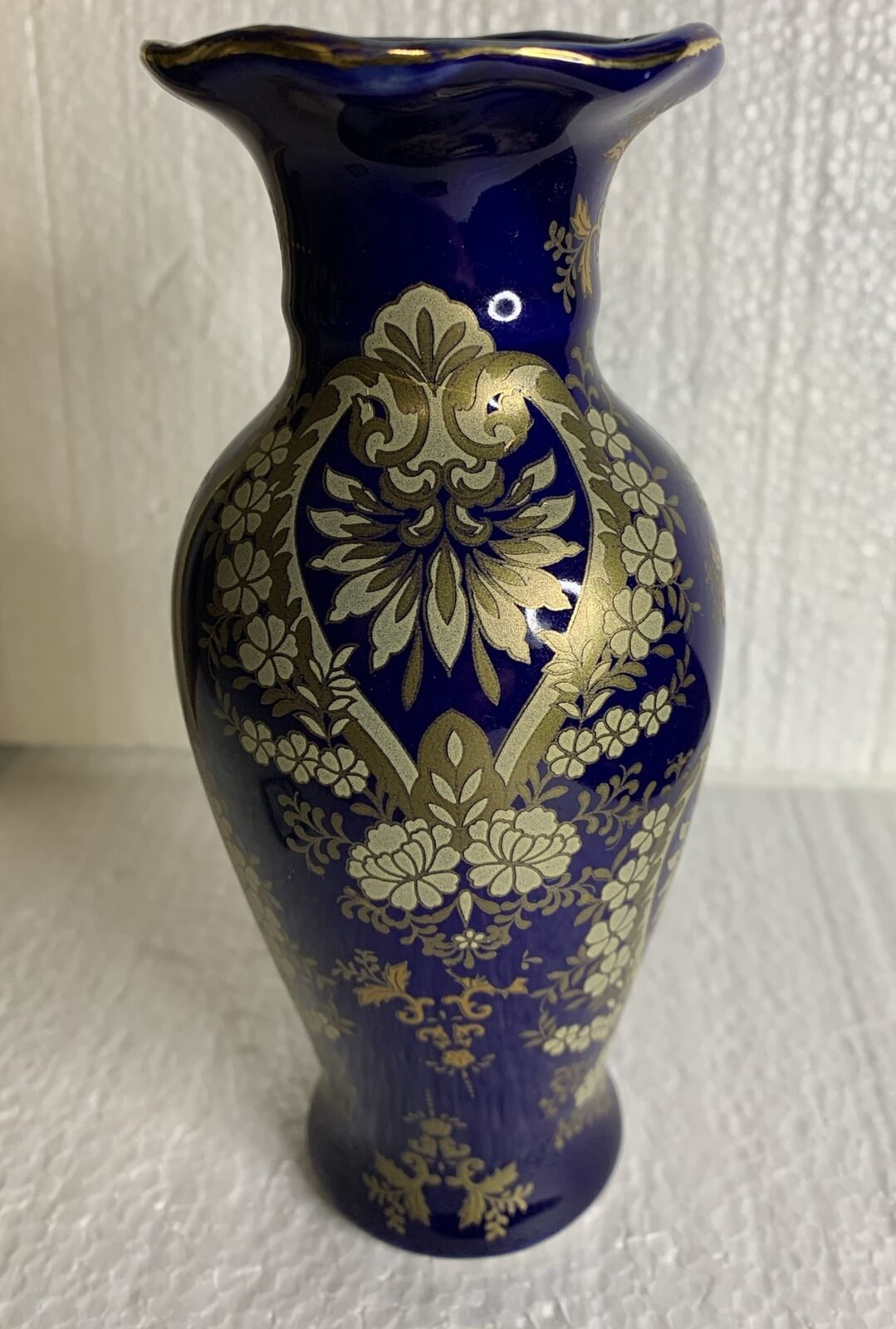 Cobalt Blue/Gold Vase VTG Asian Floral Ceramic Ruffle Top