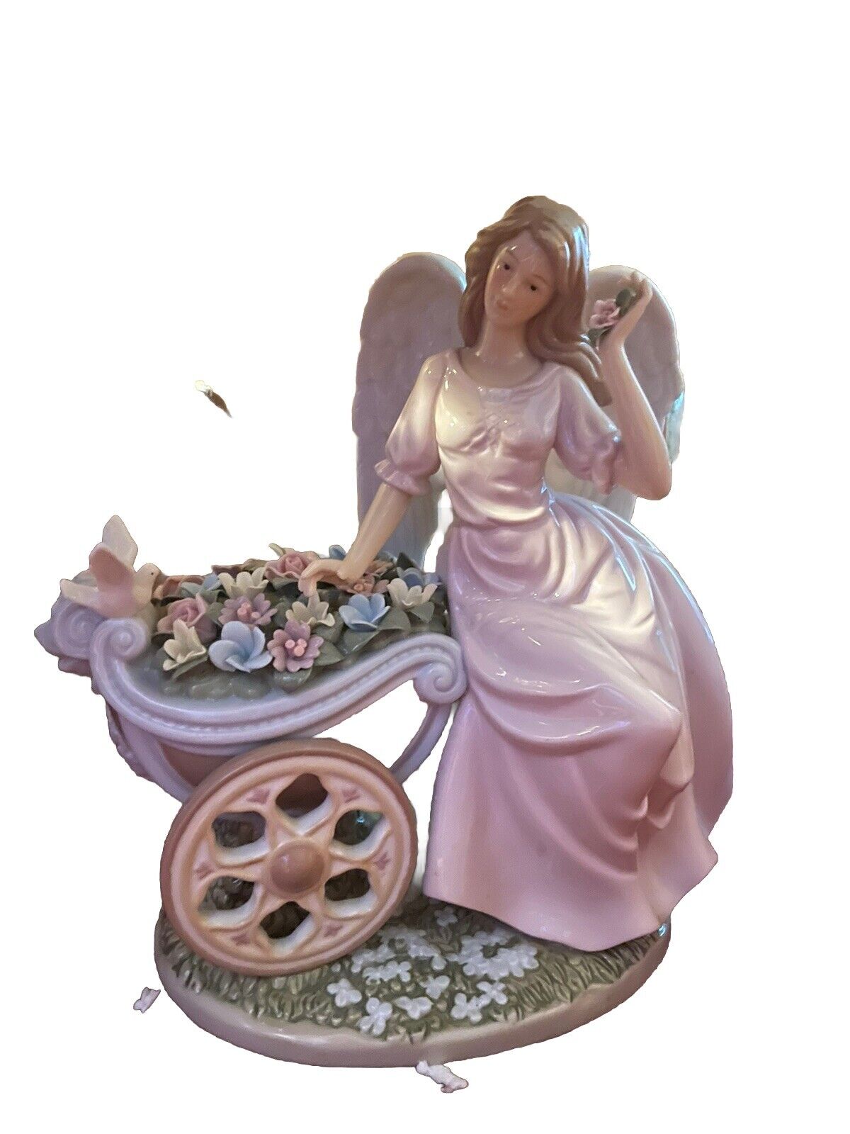 Vintage O'Well large Porcelain Angel Figure Sitting on Flower Cart