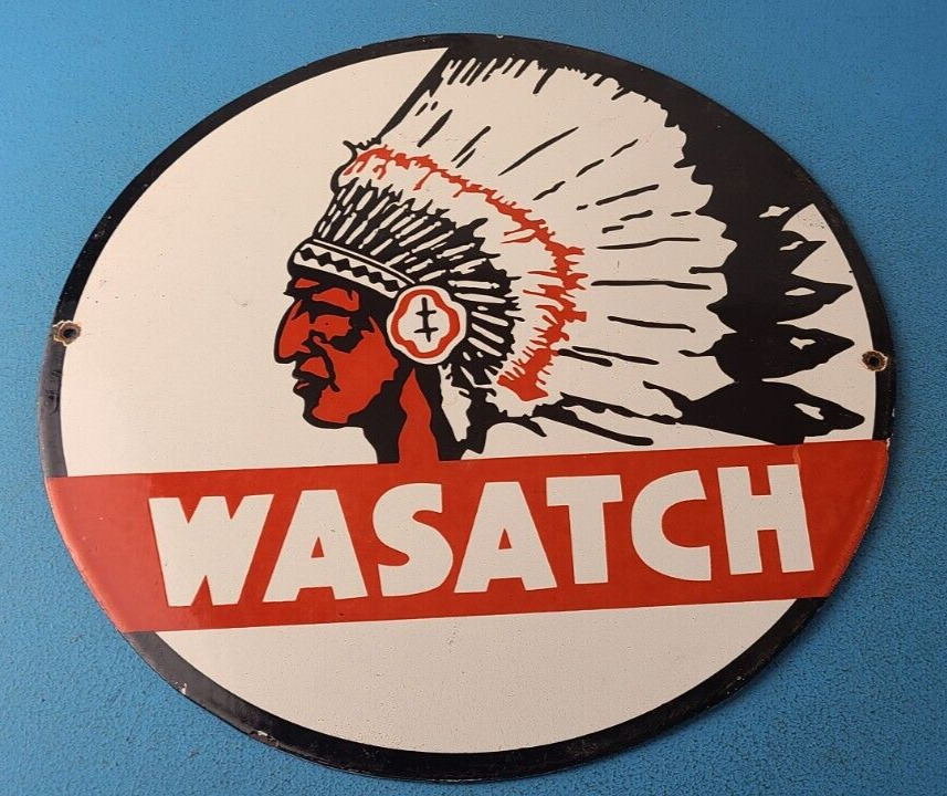 Vintage Wasatch Porcelain Sign - American Indian Gas Pump Plate Service Sign