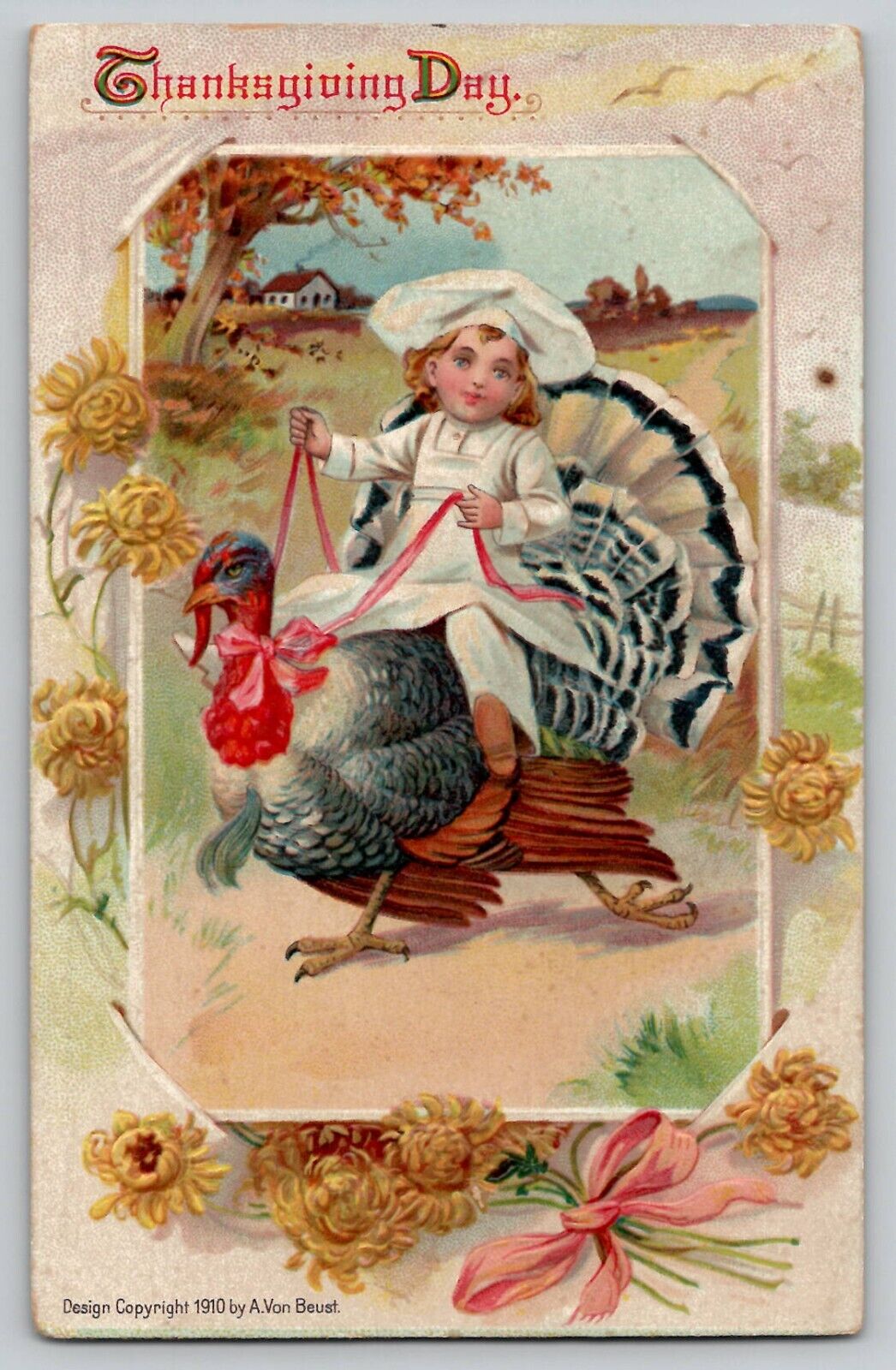 1910 Thanksgiving A Von Beust Antique Vintage Postcard Boy Chef Riding Turkey