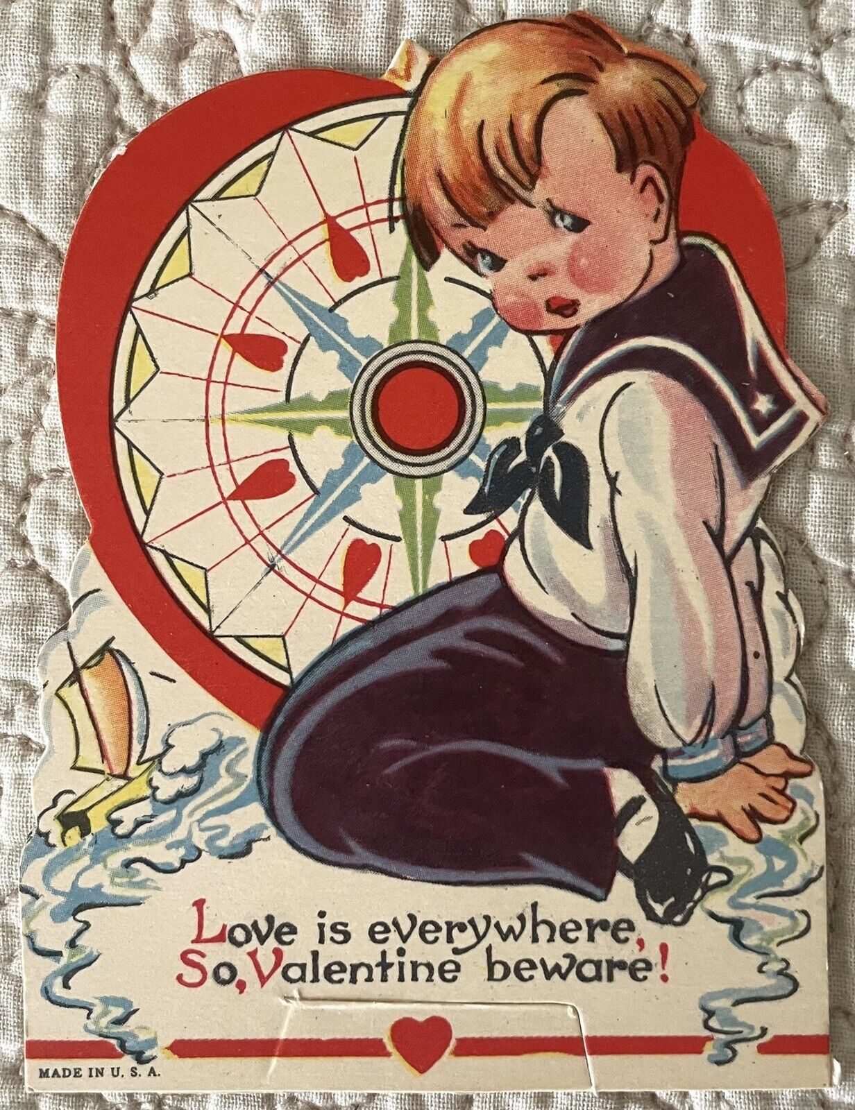 Unused Valentine Sailor Boy Navy Navigator Wheel Vtg Greeting Card 1930s 1940s