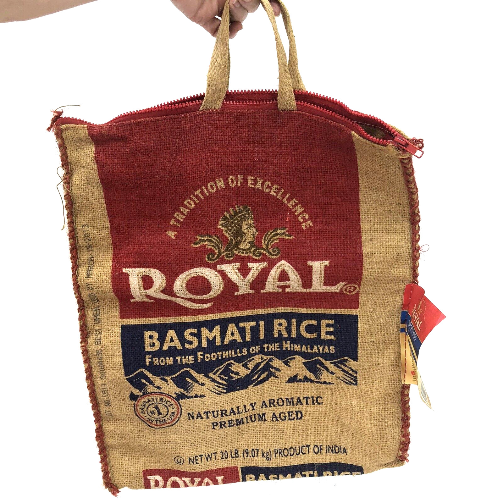 Royal Basmati Rice Burlap Brown Bag Sack Tote Handles Zipper 18 x 15\
