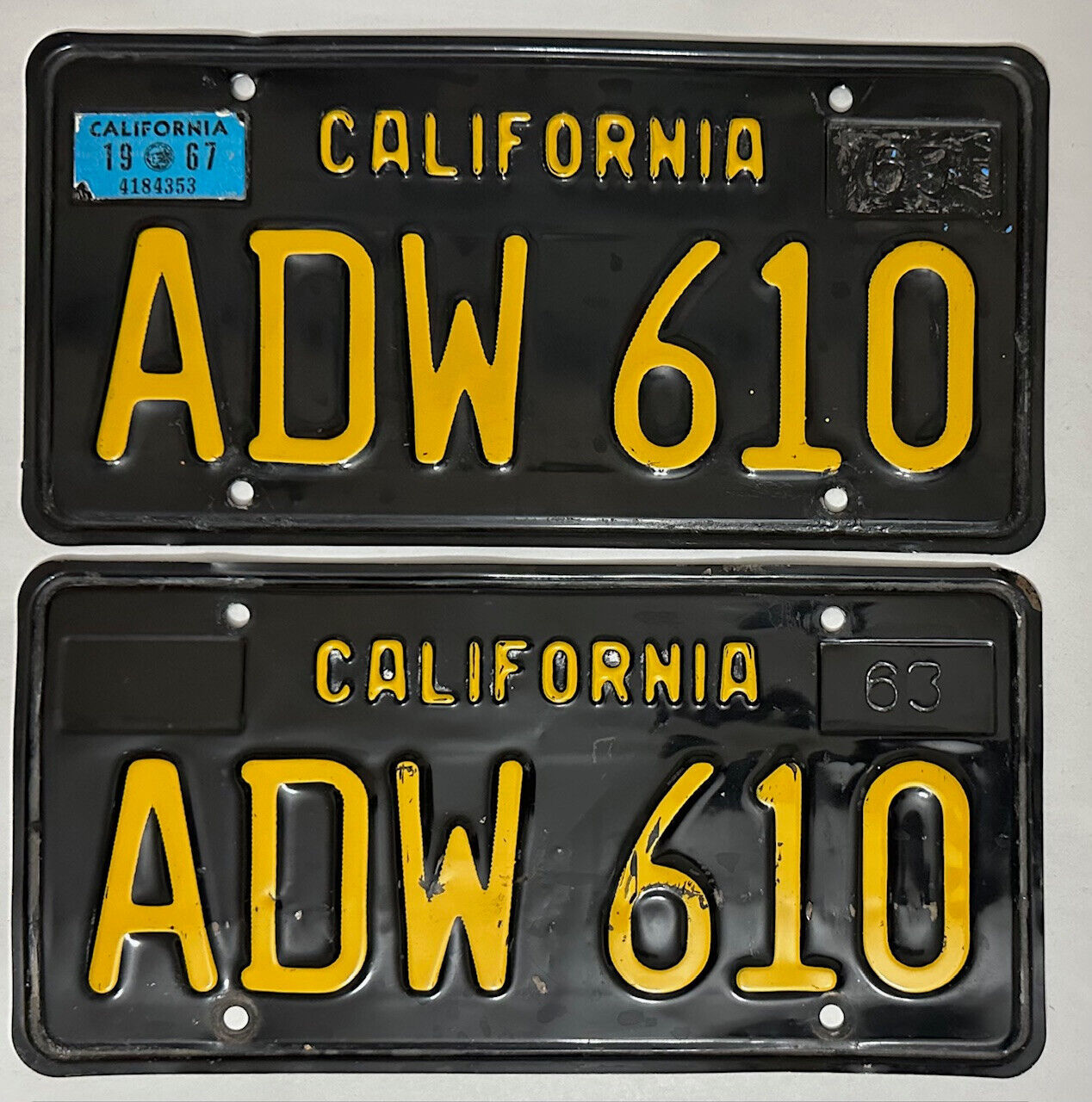 1967 CALIFORNIA License Plate PAIR - 1963-69 Series CA #ADW-610