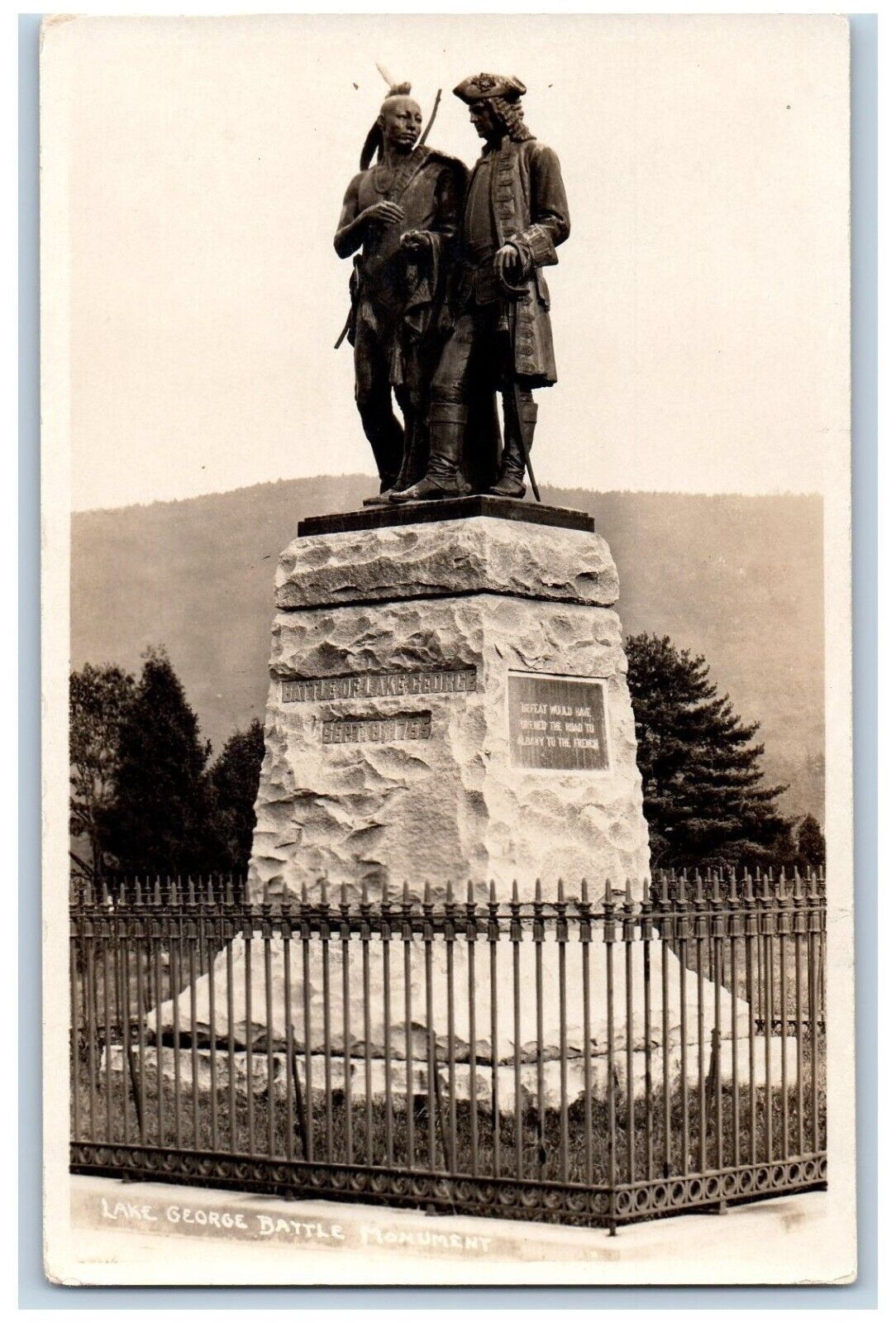 New York NY Postcard RPPC Photo Lake George Battle Monument Statue c1910\'s