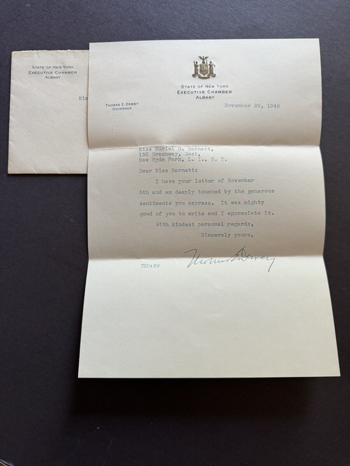 Thomas E.  Dewey Signed Letter And Envelope 1948