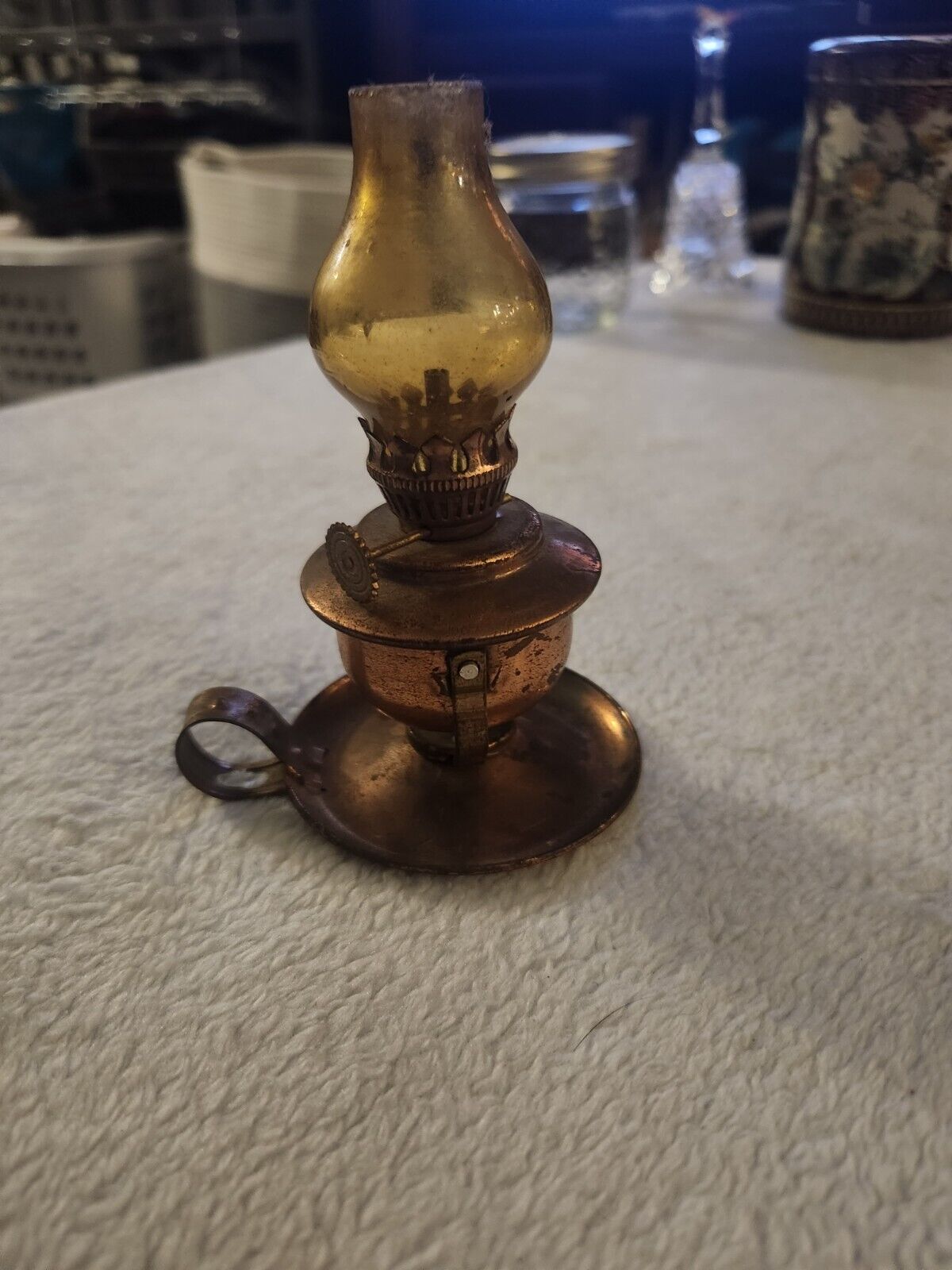 Mini Copper Castle Oil Lamp Table Swivel Amber Chimney Antique Hong Kong 4.5\