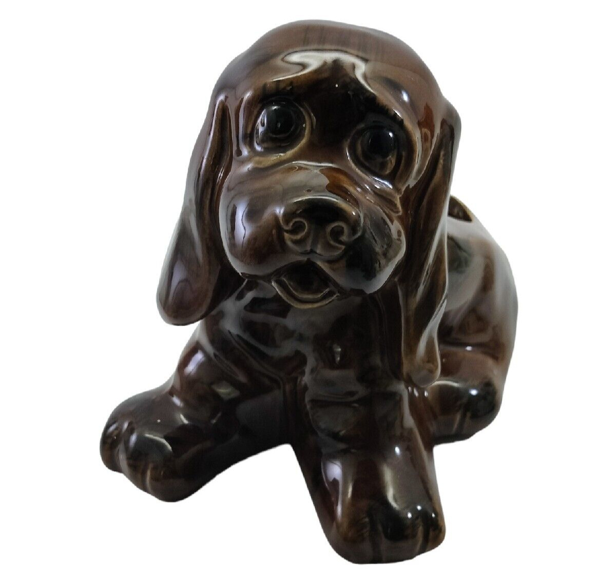 Vintage American Bisque Ceramic Brown Hound Dog Puppy Planter Anthropomorphic