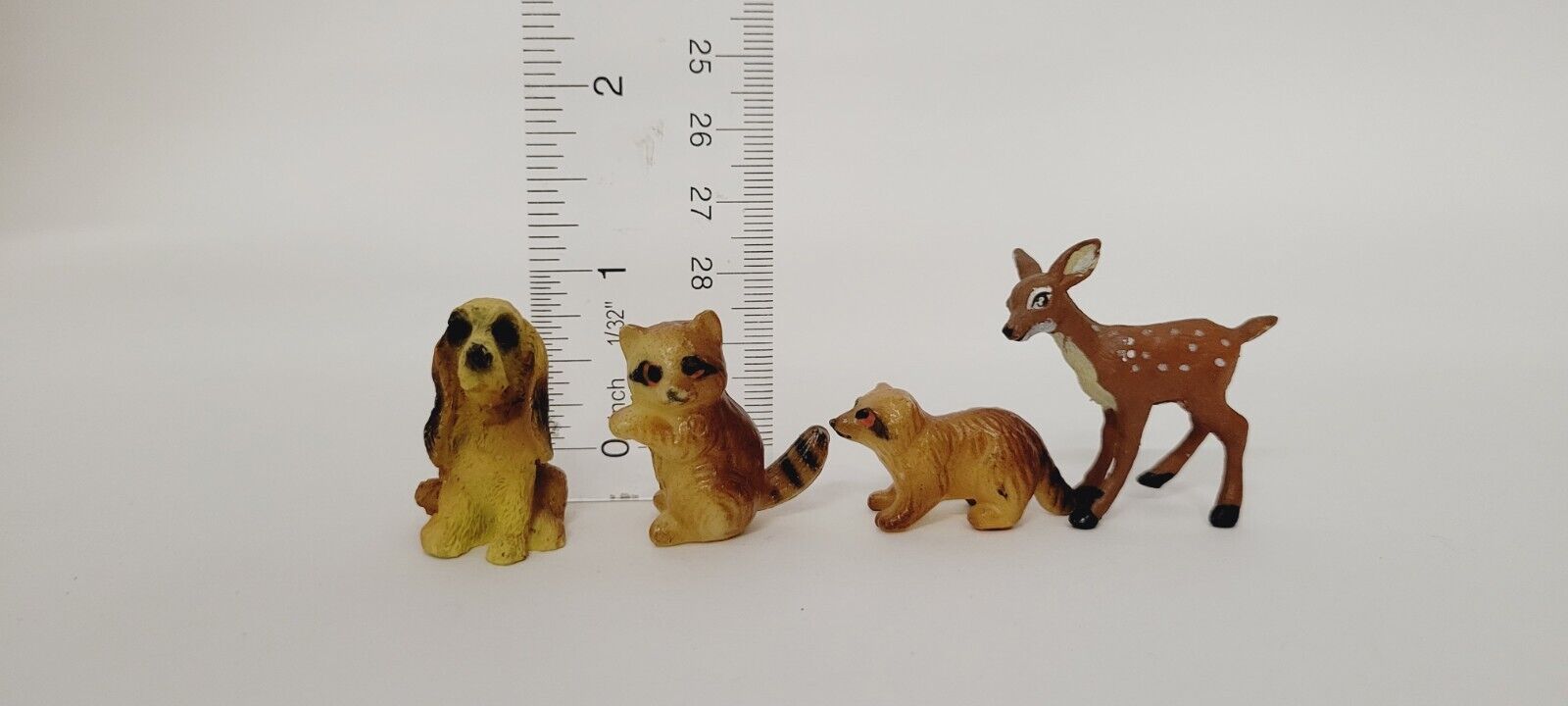 4 Tiny Vintage Miniature Animal Figurine Dog, Raccoon, Deer For Craft Dollhouse 