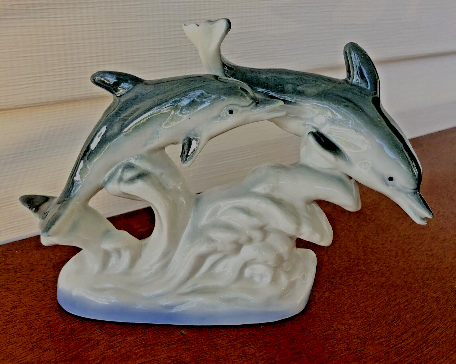 Dolphin Pod Statue Leaping Gray Dolphins, Ceramic Figurine on Ocean Waves Vtg