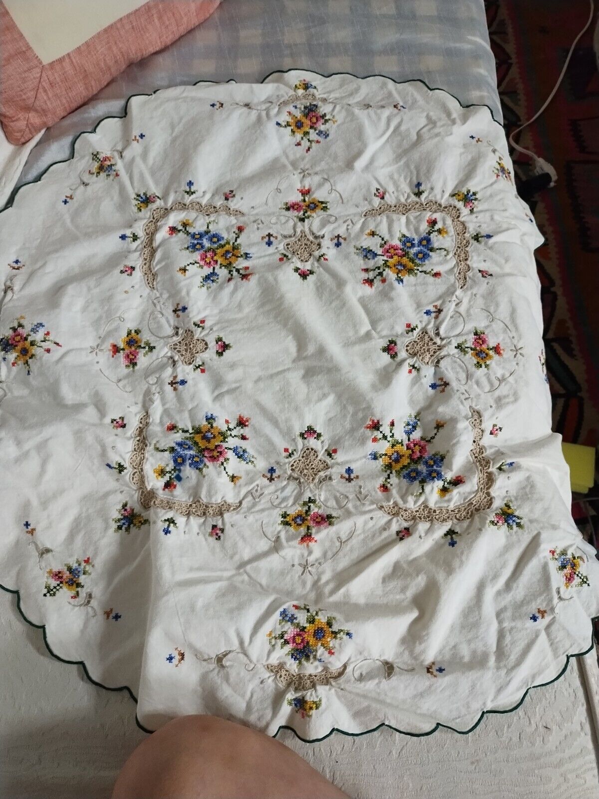 Vintage Rose Floral Embroidered Cross Stitch Tablecloth Round 30 inches