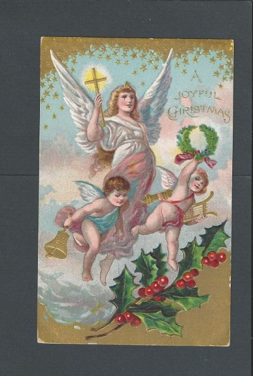 Ca 1908 Post Card A joyful Xmas W/Angels Embossed