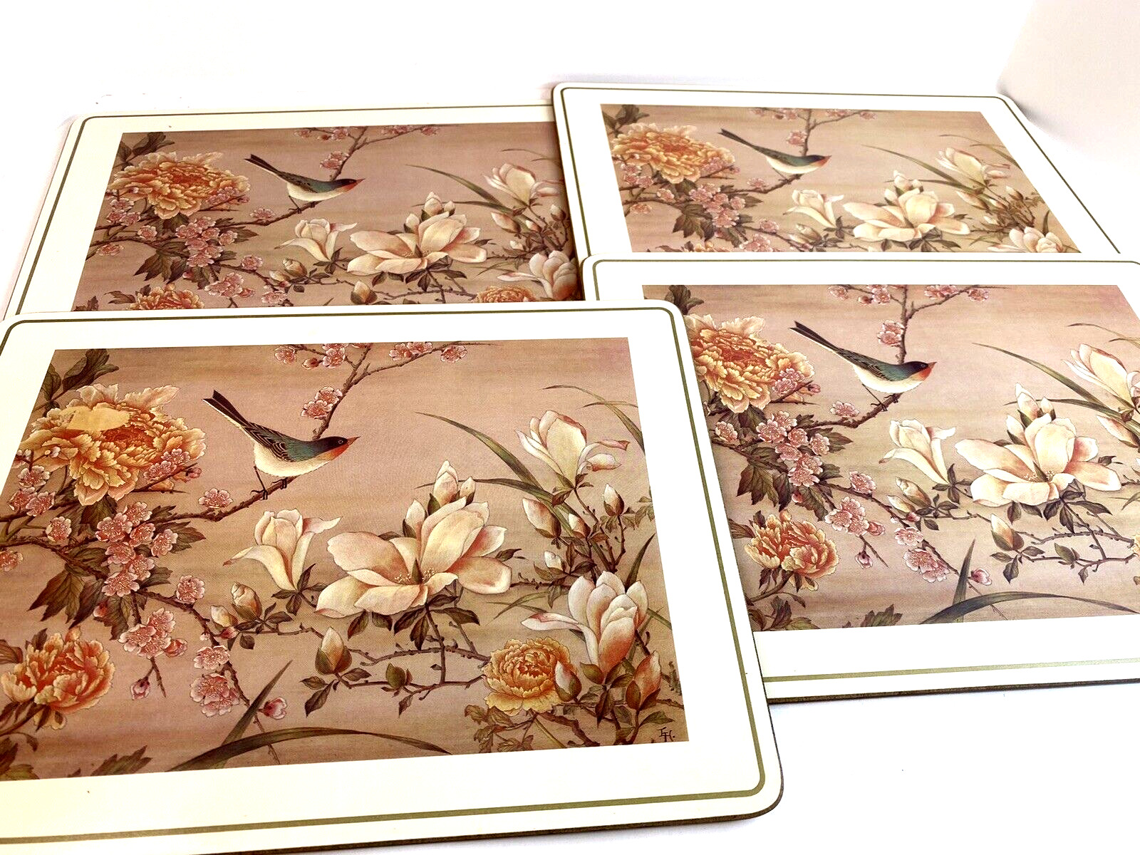 English Life Oriental Birds Flowers Made in England Set 4 Cork Backed Placemats