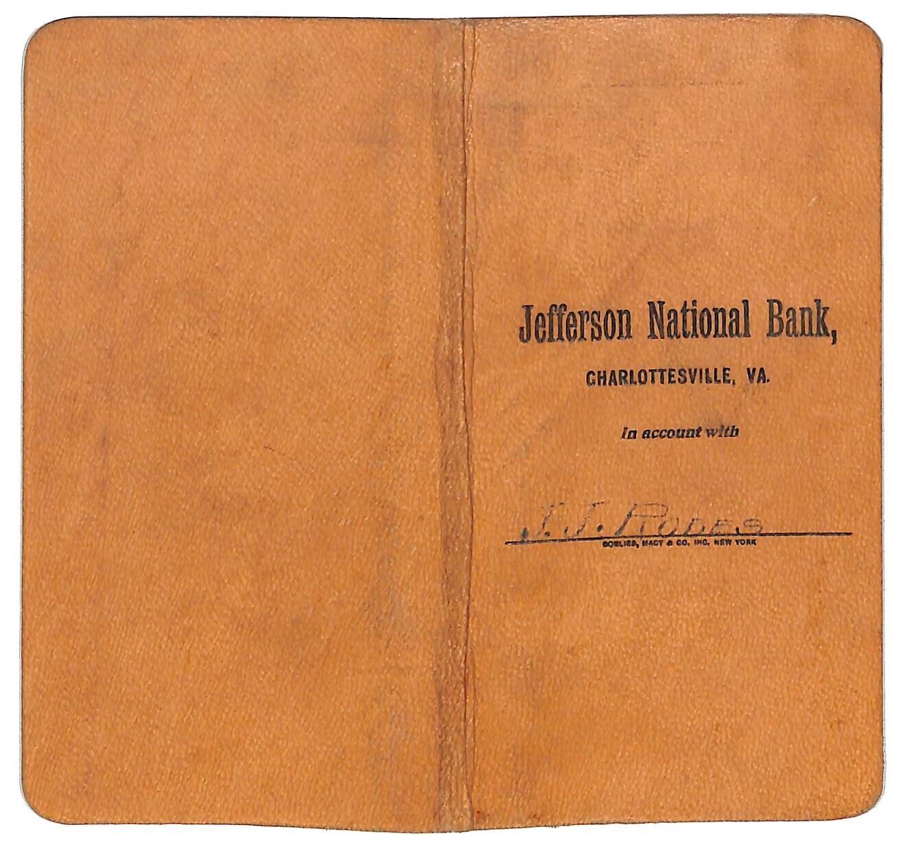 Charlottesville, VA Jefferson National Bank Notebook J.J. Rodes c1910-20
