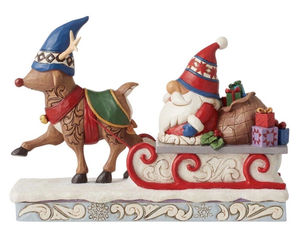 Jim Shore Reindeer Pulling Gnome Sled Figurine Enesco 6”H/8.5”L  Christmas NIB
