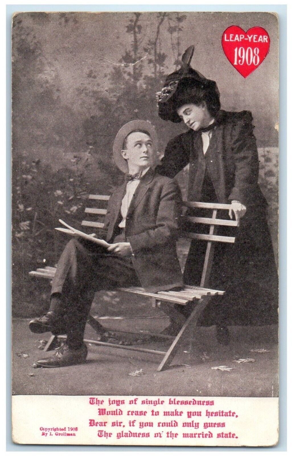 1908 Leap Year Couple Romance Hat Feather Unposted Antique Postcard