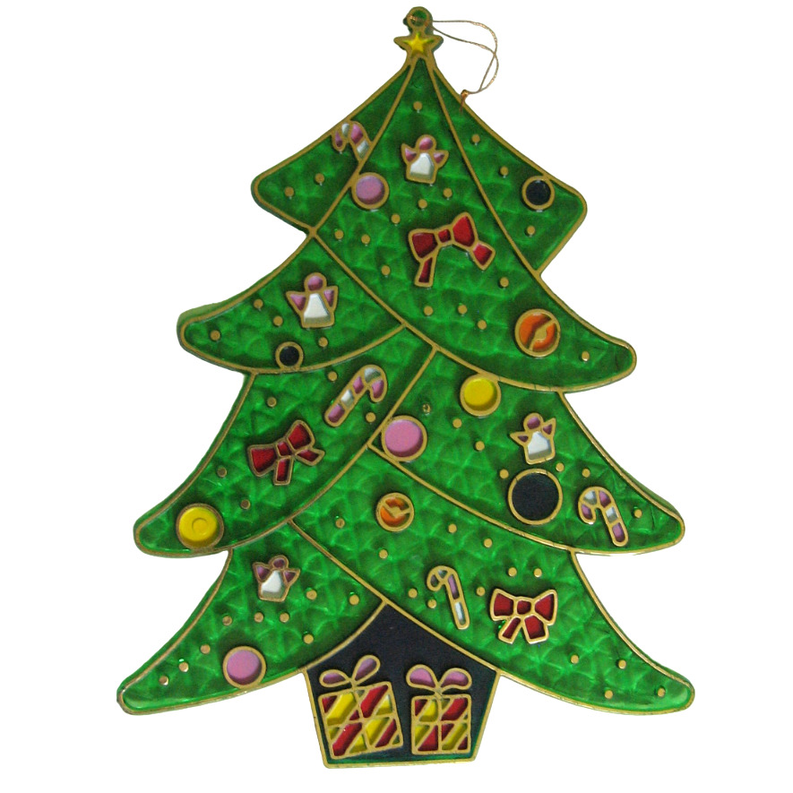 VTG Christmas Tree Suncatcher Plastic Stained Glass Ornaments Presents