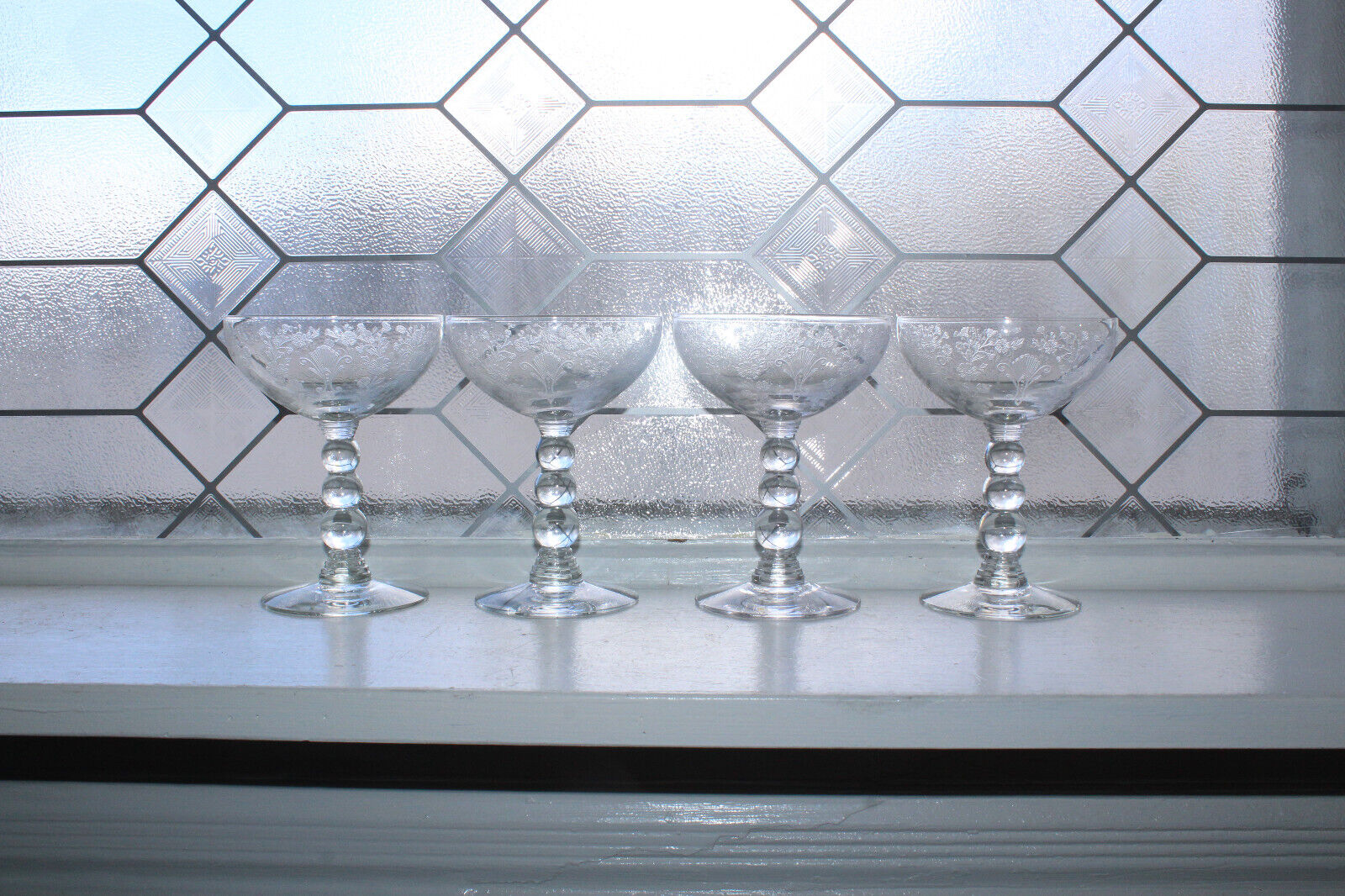 4 Vintage Duncan & Miller First Love Champagne Glasses 1930s Etched Crystal