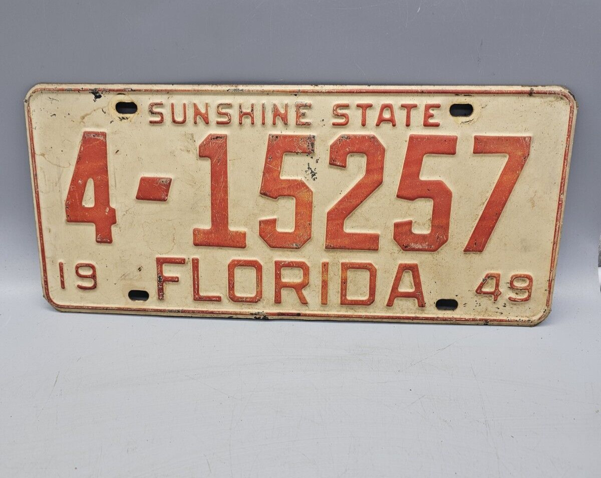1949 Florida License Plate Mancave Garage Craft White / Red 4-15257 Sunshine
