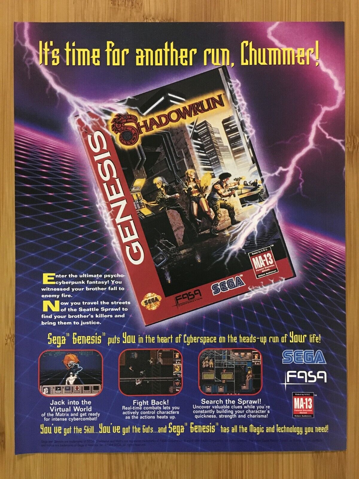 Shadowrun Sega Genesis SNES 1994 Print Ad/Poster Official Authentic Game Art
