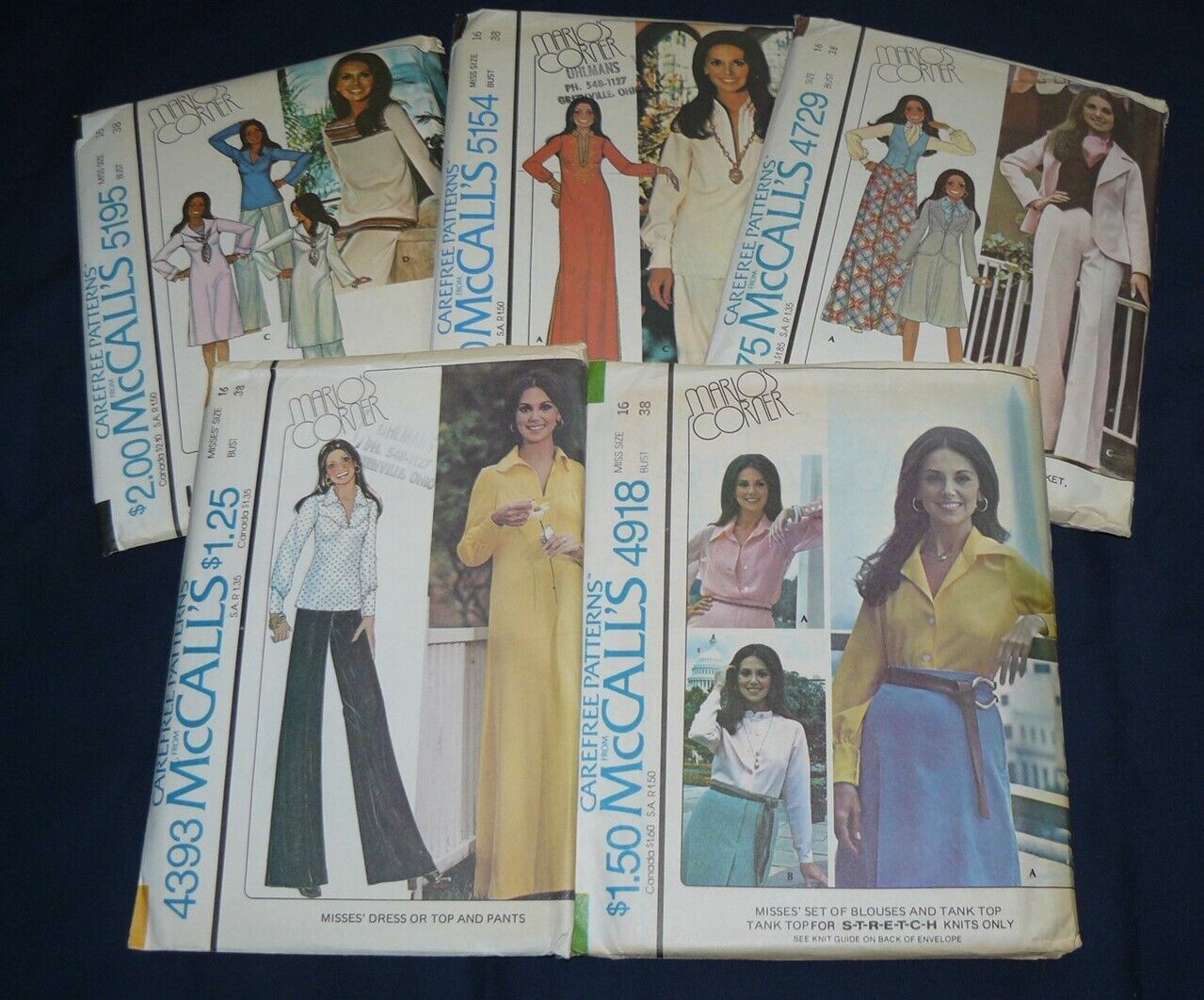 Lot of 5 Vintage 1970s McCalls Patterns Marlo\'s Corner Size 16 Pants Tops..Uncut