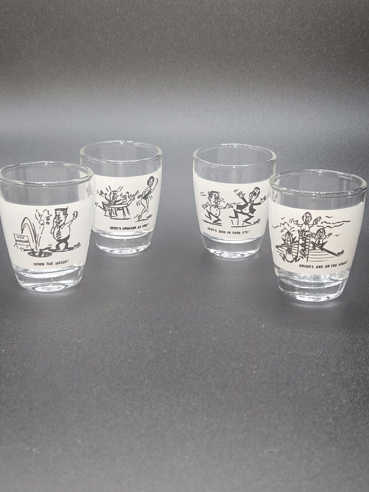 Vintage Anchor Hocking Funny Shot Glasses- Set of 4, Novelty Bar Barware Liquor