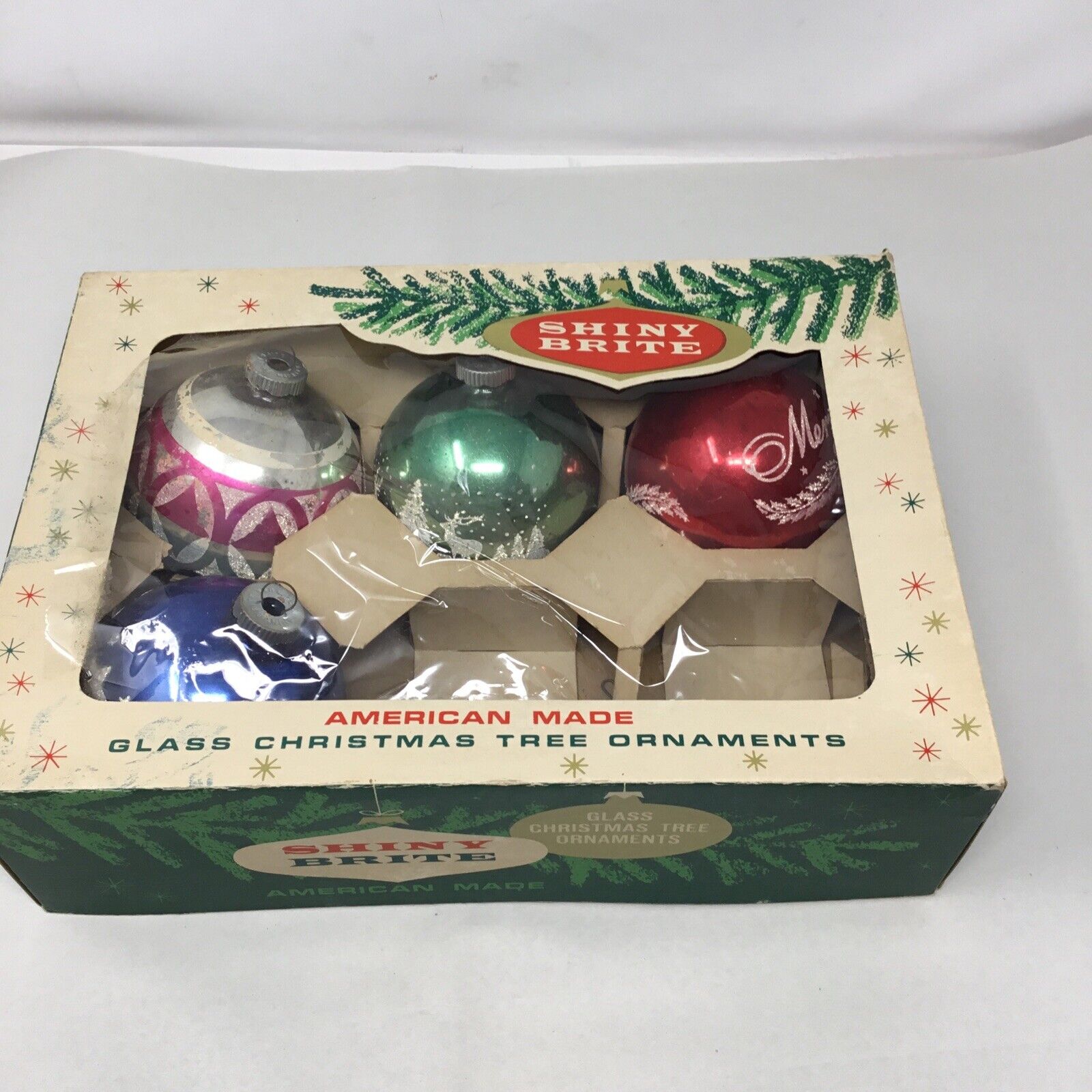 4 Vintage Shiny Brite 3.25” Stenciled Ornaments W/ Box