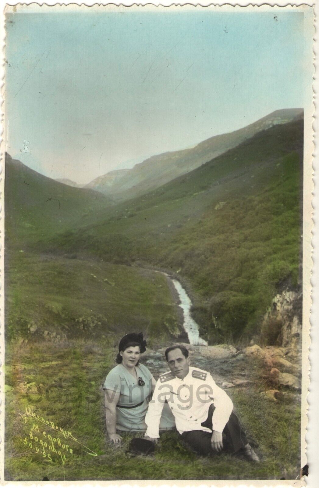 1955 Hand tinted colored Water fall Mountain Colonel Soviet Army unusual photo