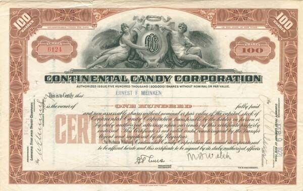 Continental Candy Corp - Stock Certificate - Candy & Ice Cream Stocks