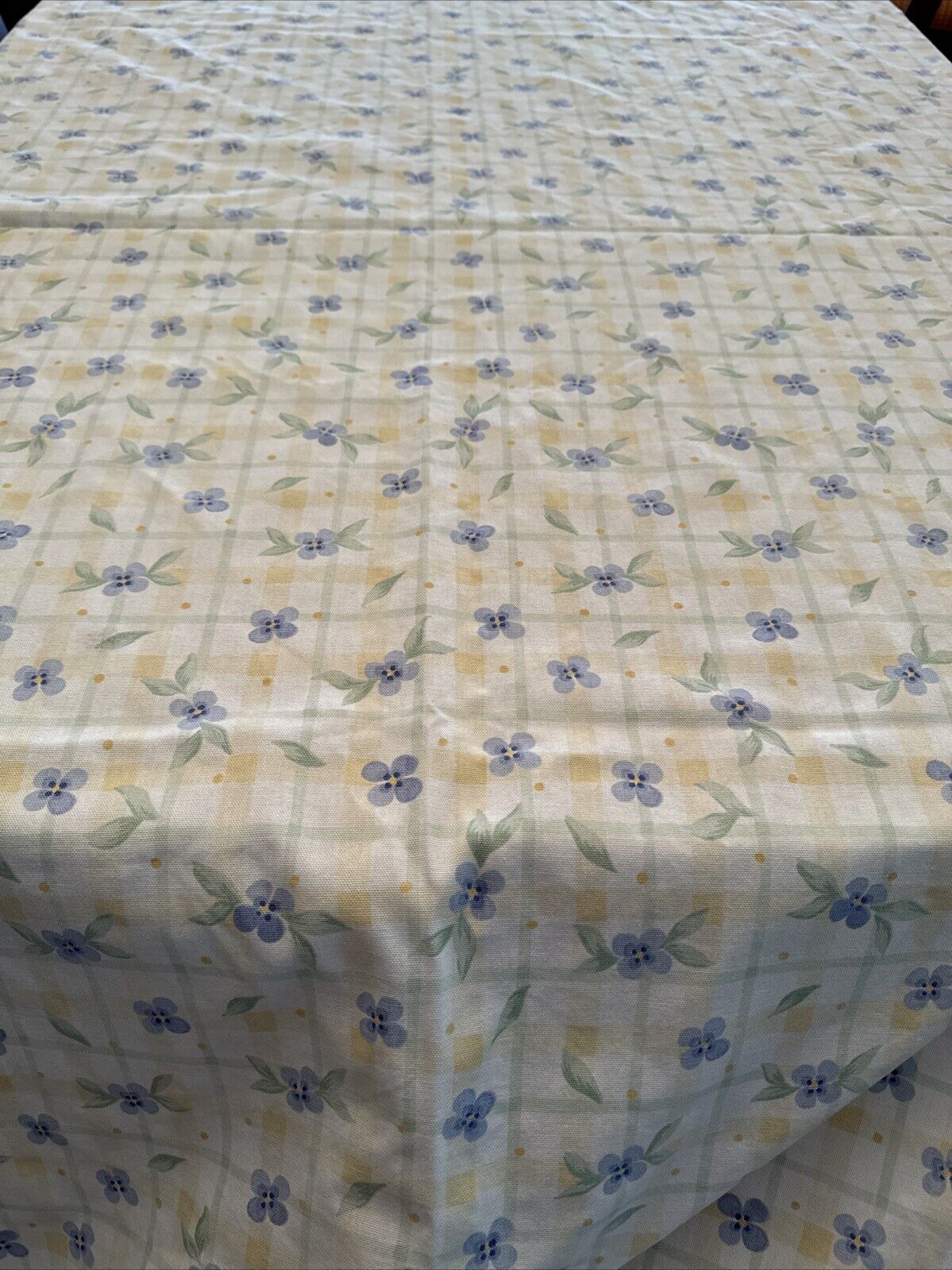 Vintage Oval Yellow Check And Blue Floral Cotton Tablecloth 60”x84”