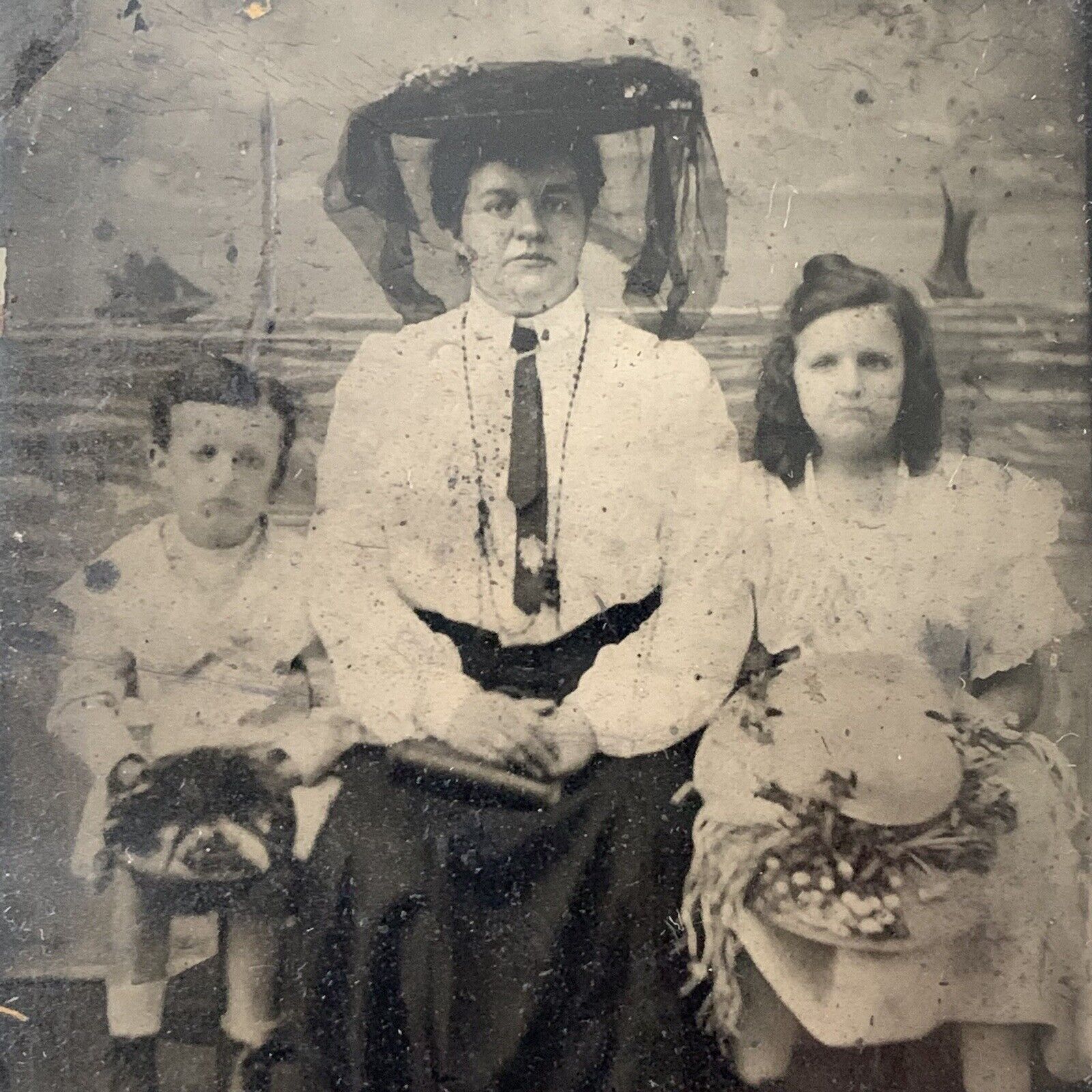 Antique Tintype Group Photograph Mother Big Hat Veil Children