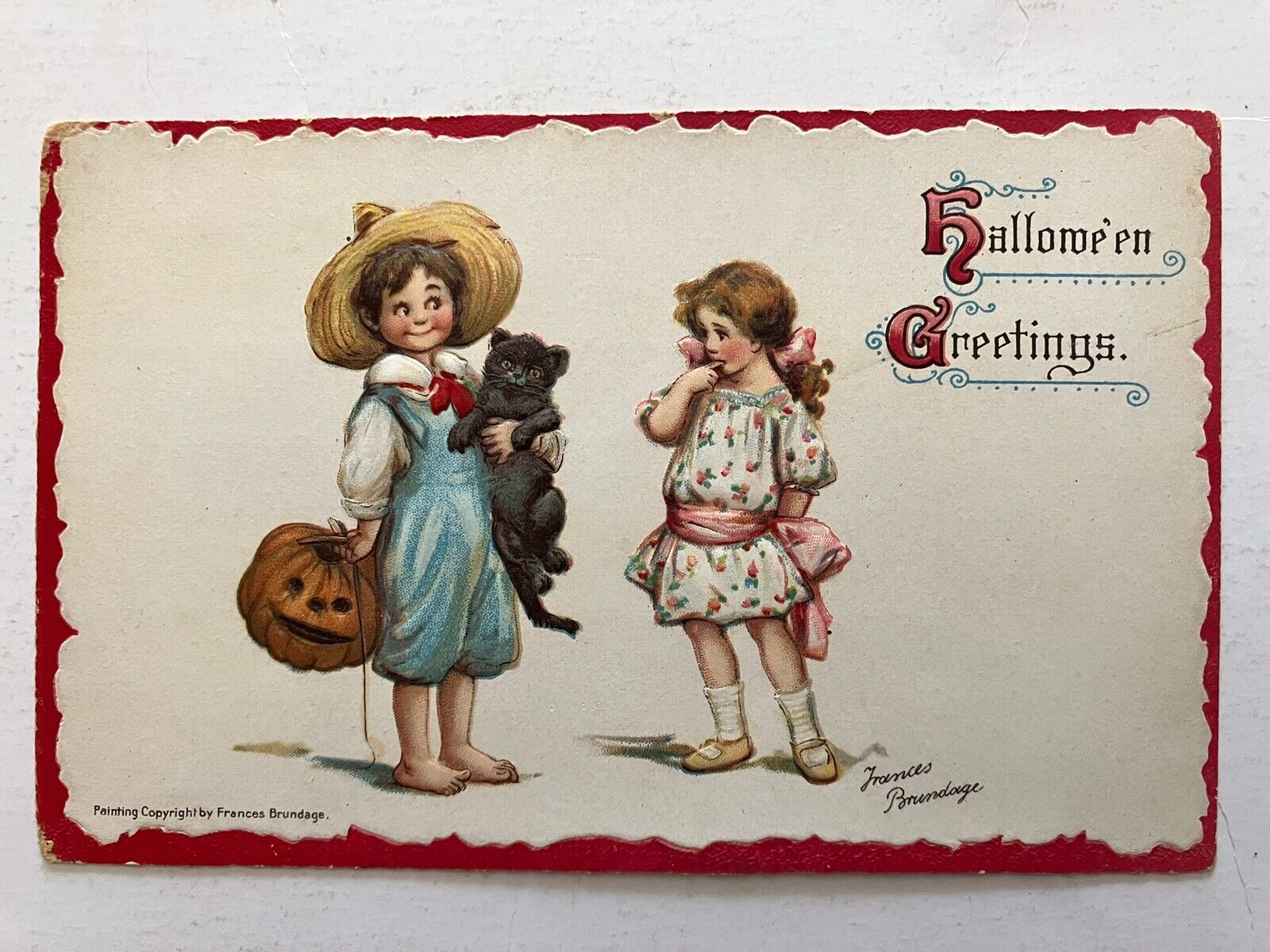 Early 1900\'s Signed Brundage #121 Halloween Postcard Boy Girl , Black Cat
