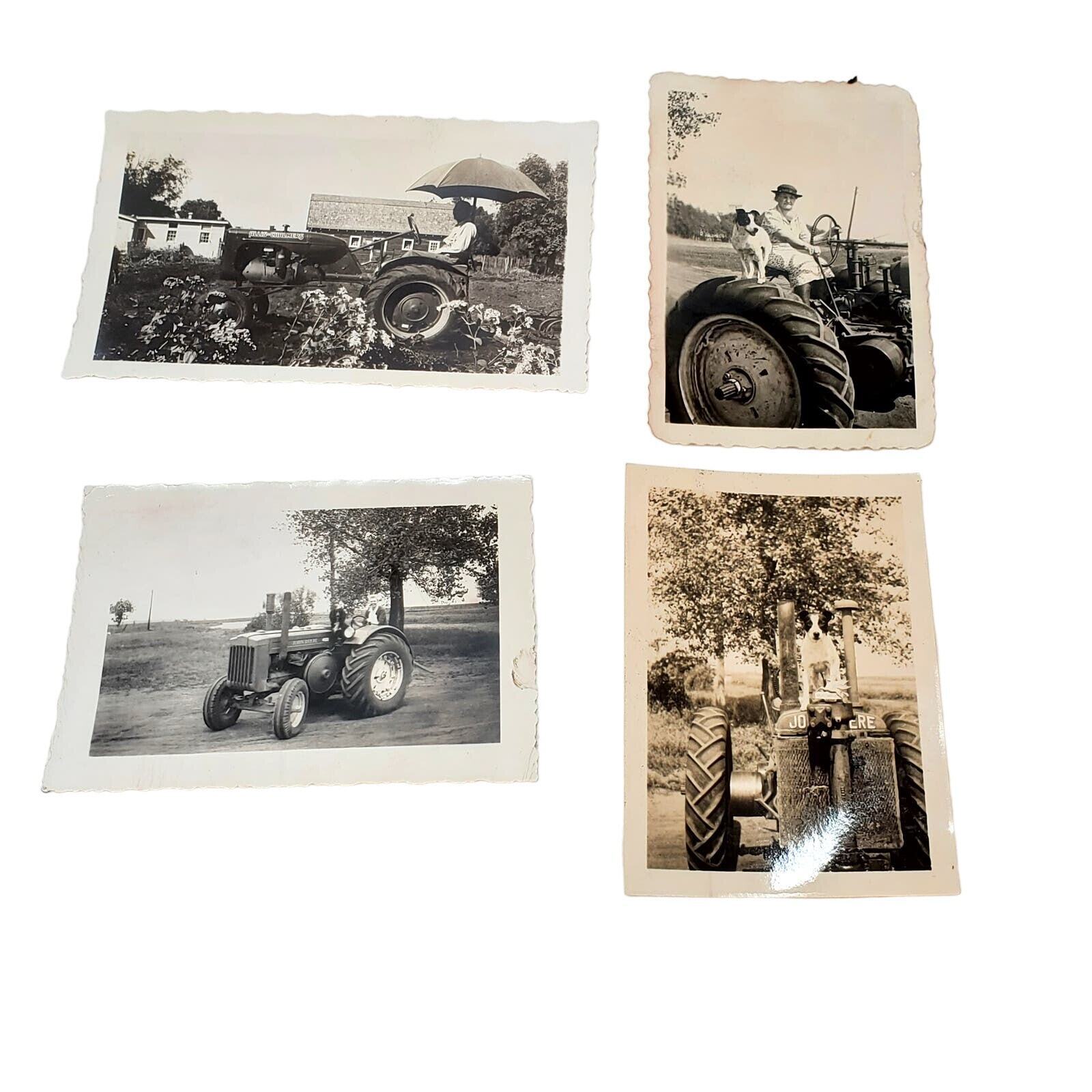 Lot of 4 B & W Photos John Deere Allis Chalmers Tractor Dog Lady Man Farmer 1940