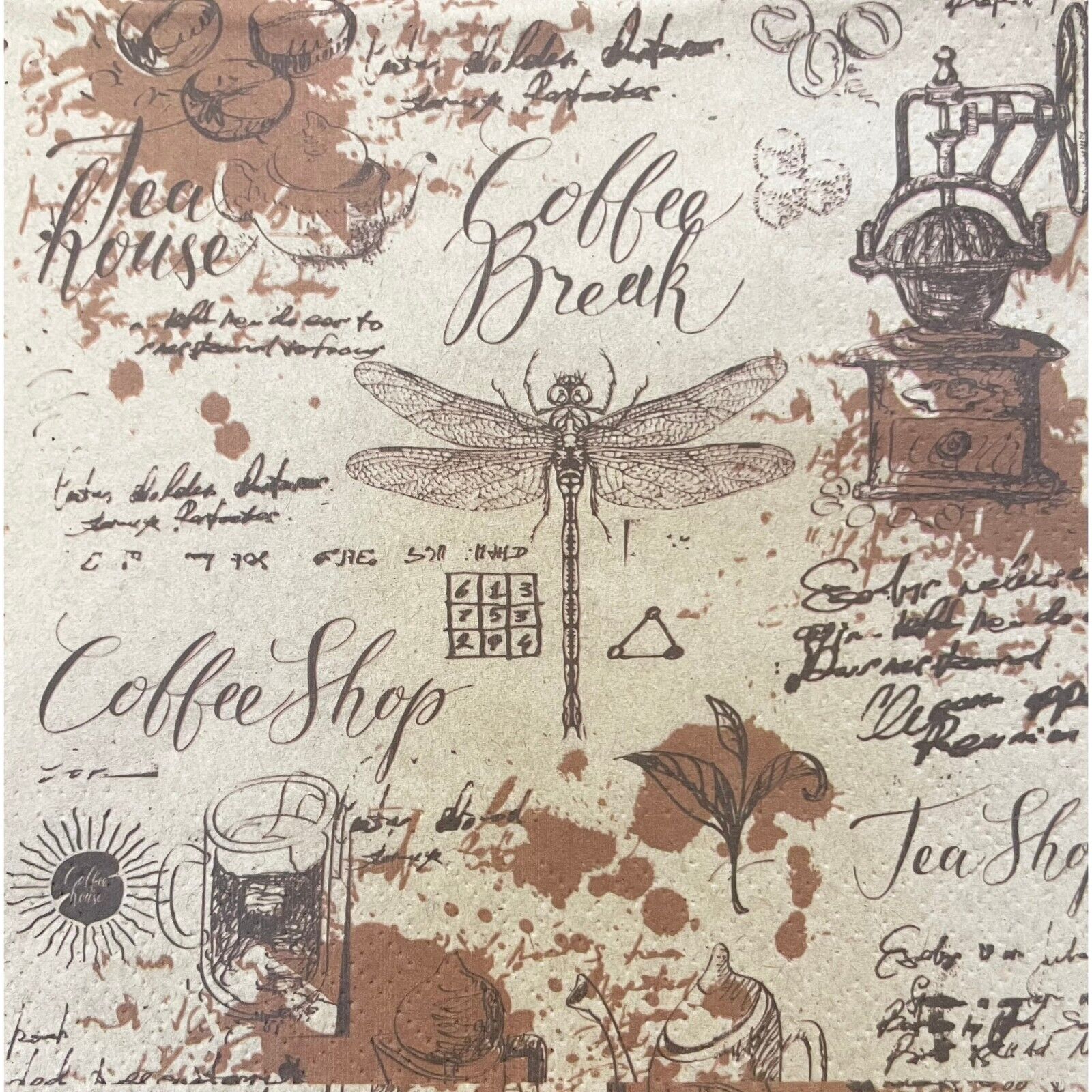 (2) Decoupage Paper Napkins Vintage Coffee Dragonfly Luncheon Napkin - TWO