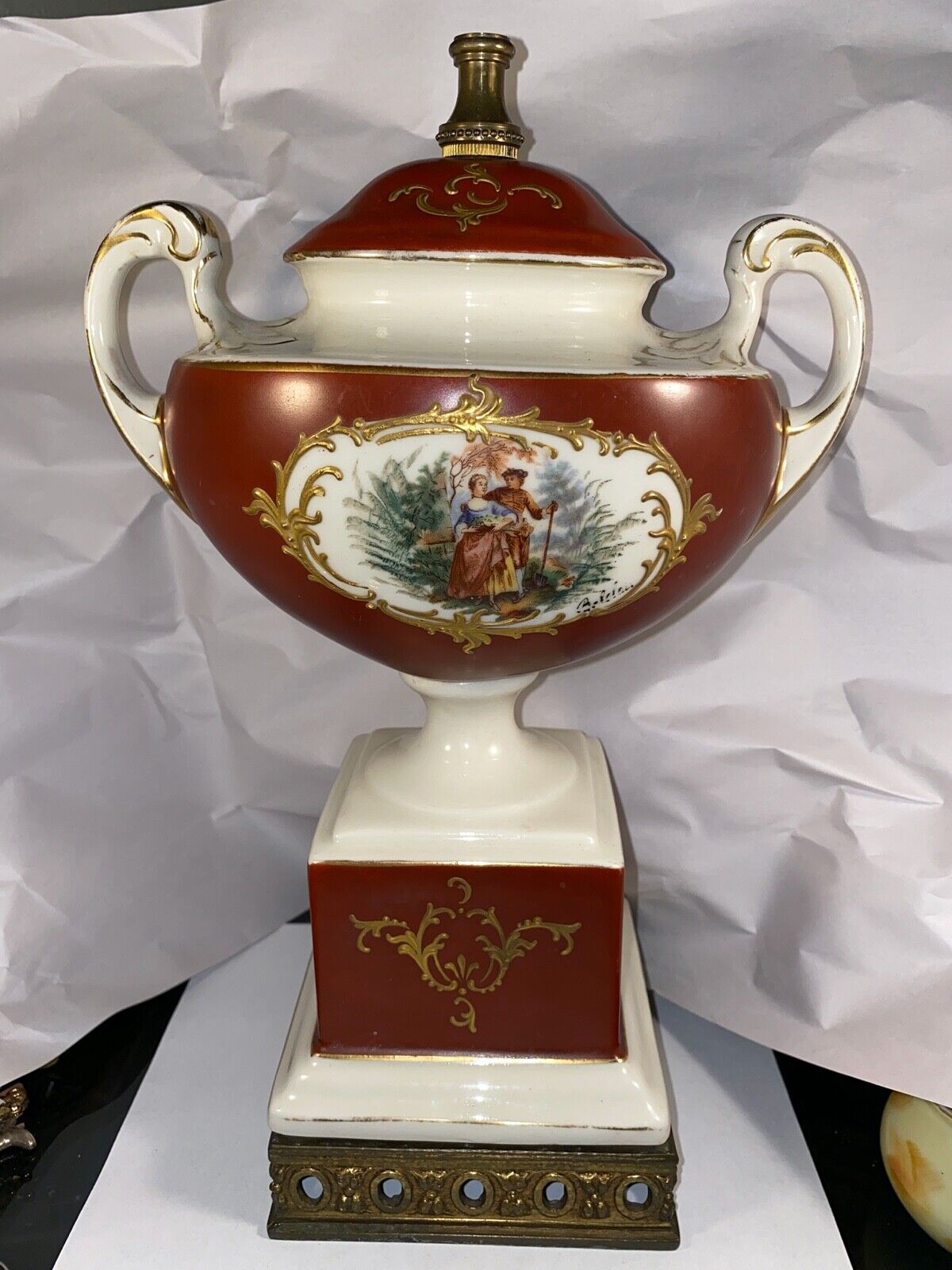 19c Antique French Porcelain Urn Style Lamp Victorian Lovers Scene Signed Belair