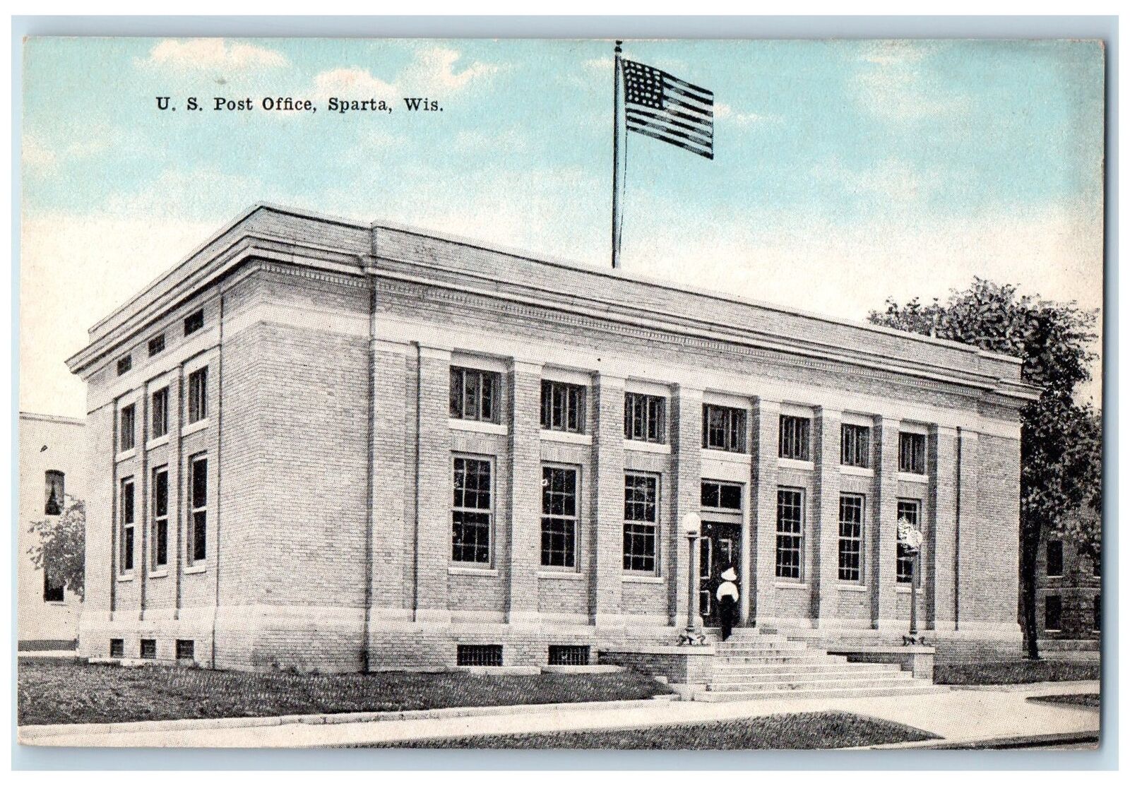 c1950's US Post Office Building Steps Entrance Flag Sparta Wisconsin WI Postcard