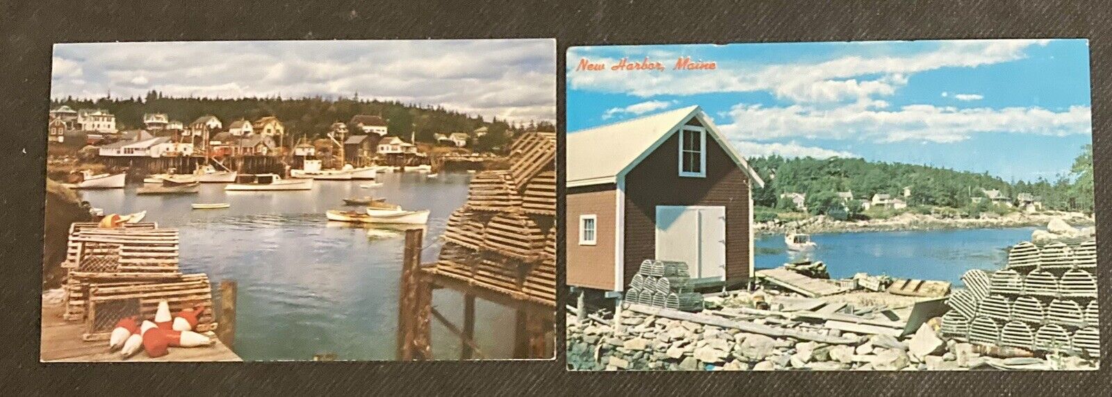 New Harbor, ME Vintage Postcards Lot of 2 Lobster Traps, Boats