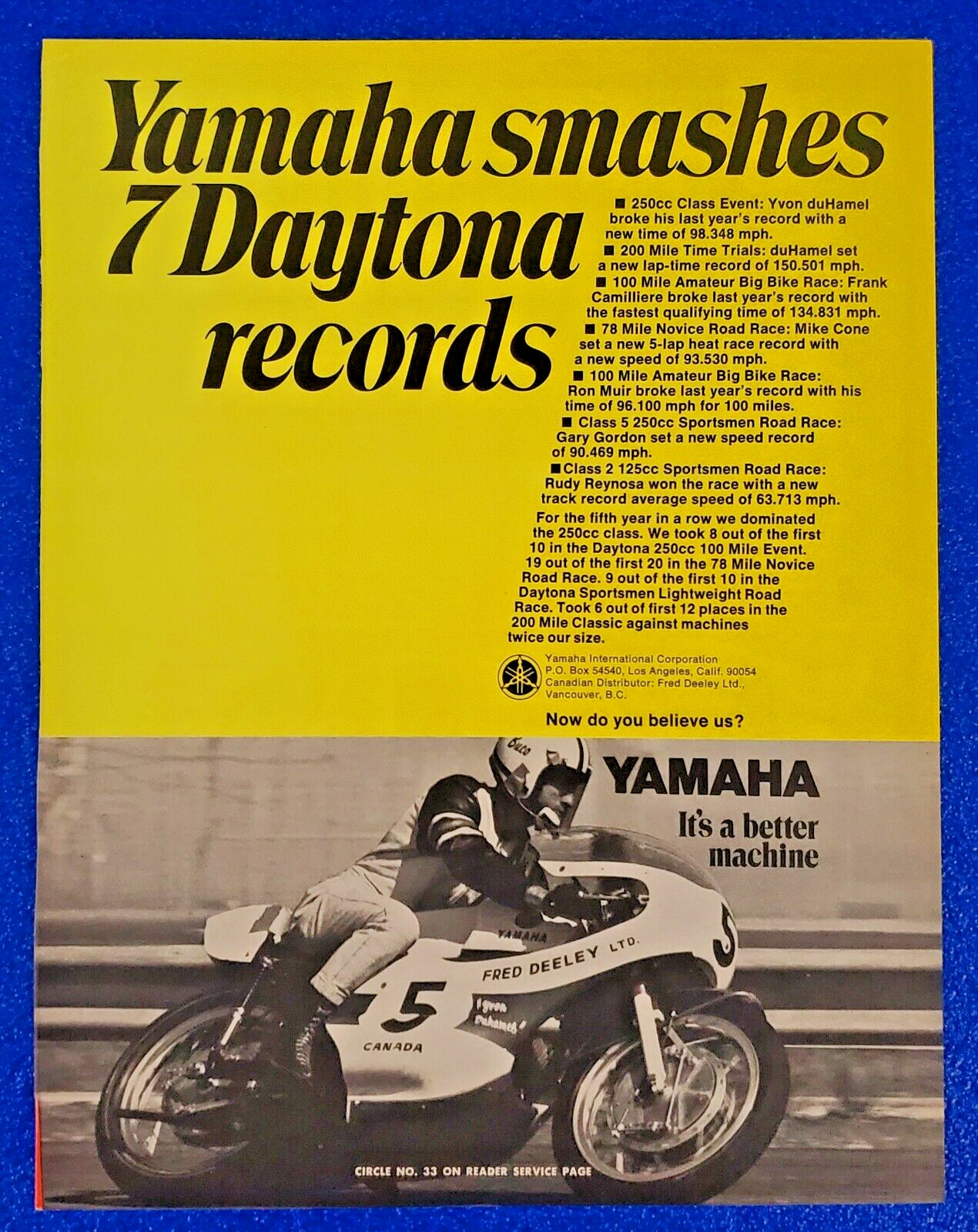 1969 CLASSIC YAMAHA RACING MOTORCYCLE PRINT AD YAMAHA SMASHES 7 DAYTONA RECORDS
