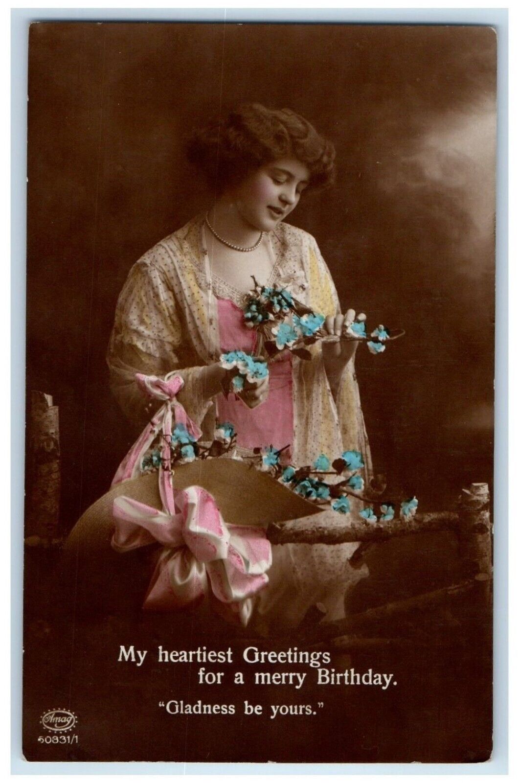 c1910's Birthday Greetings Pretty Woman Flowers Tinted RPPC Photo Postcard