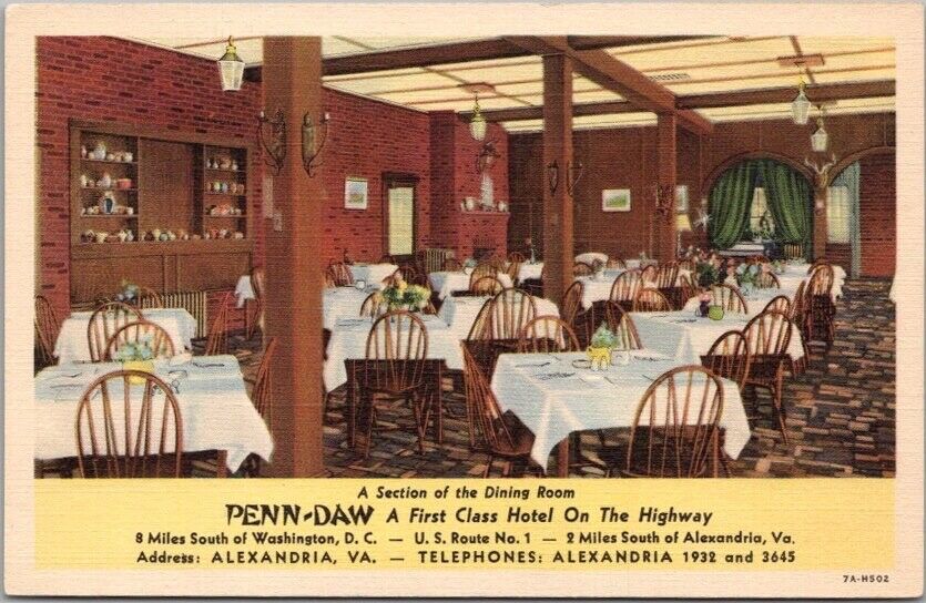 Alexandria, Virginia Postcard PENN-DAW HOTEL / Dining Room View - Linen c1950s