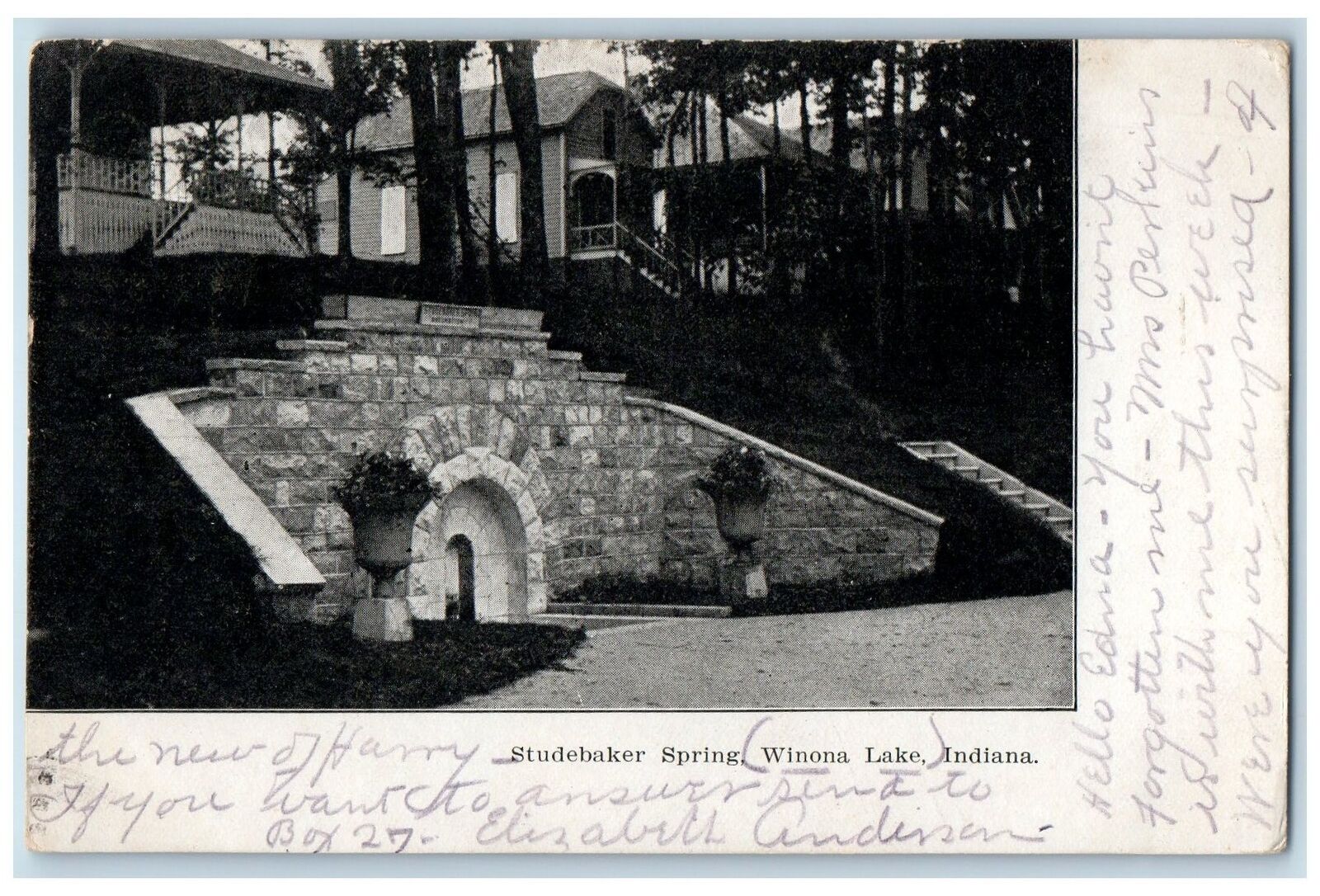 1907 Studebaker Spring Side View Entrance Winona Lake Indiana Antique Postcard