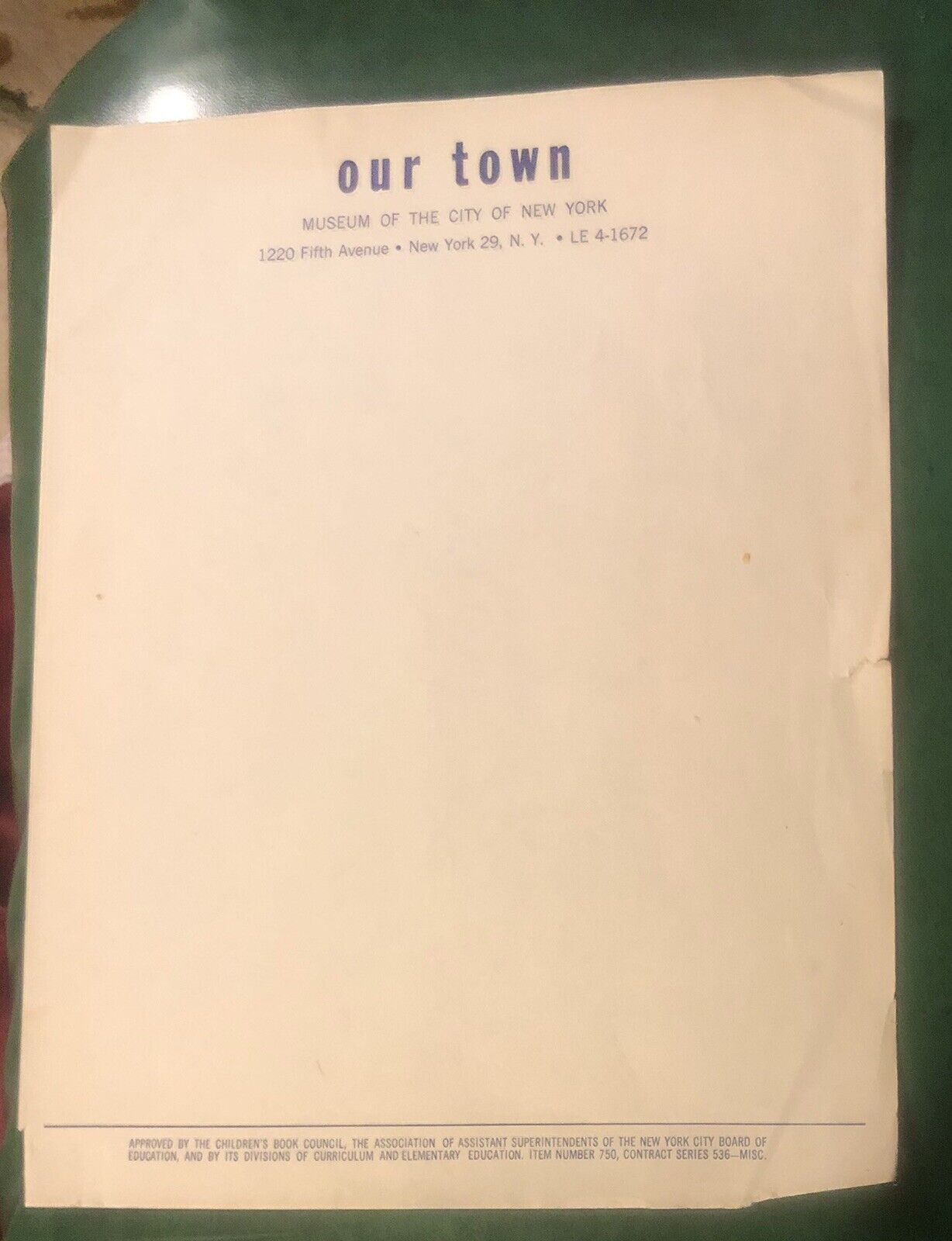 1960’s Museum Of The City If New York Our Town Letterhead