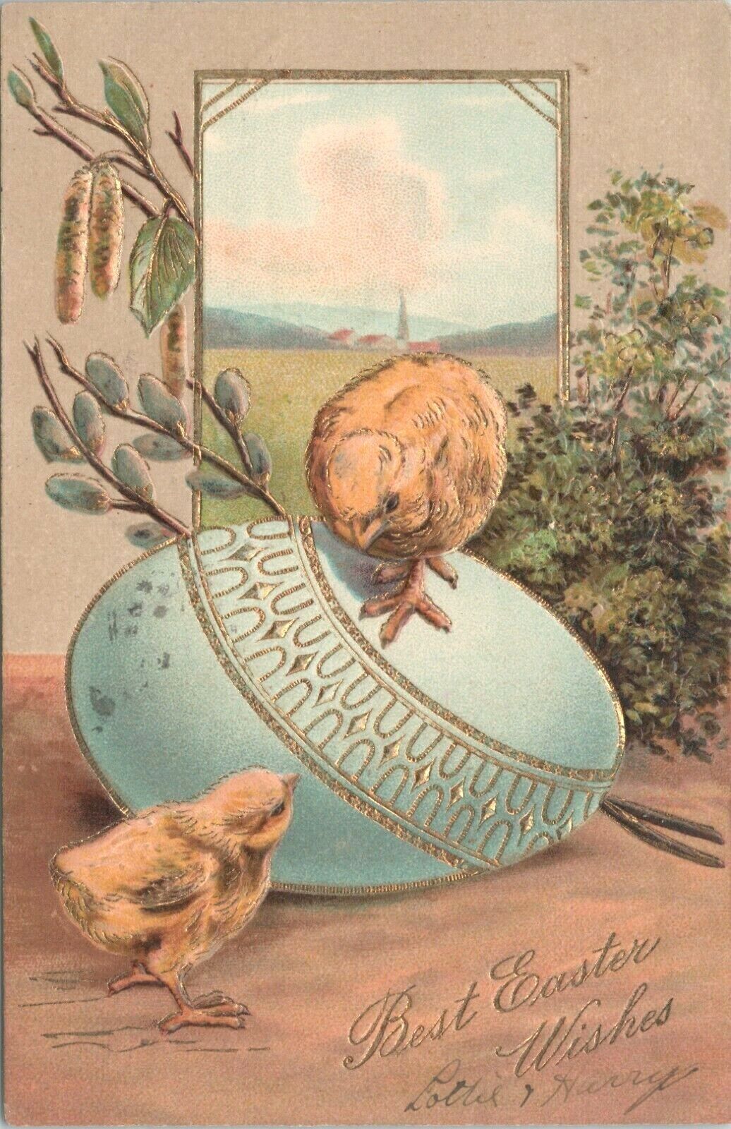 Postcard Easter Beautiful Large Egg Chicks PFB Germany Gold Gilt 1907