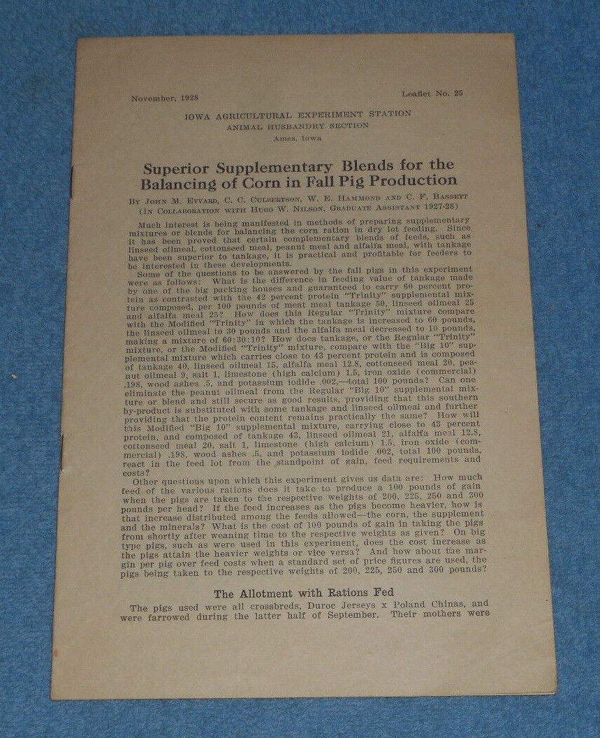 1928 Iowa Agricultural Leaflet Fall Pig Feed Corn Balancing Supplementary Blends