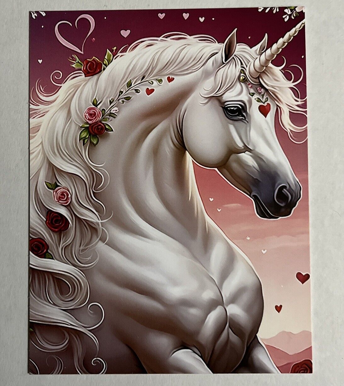 UNICORN BEAUTIFUL WHITE ARABIAN HORSE VALENTINE POSTCARD ART PRINT 4 1/4\