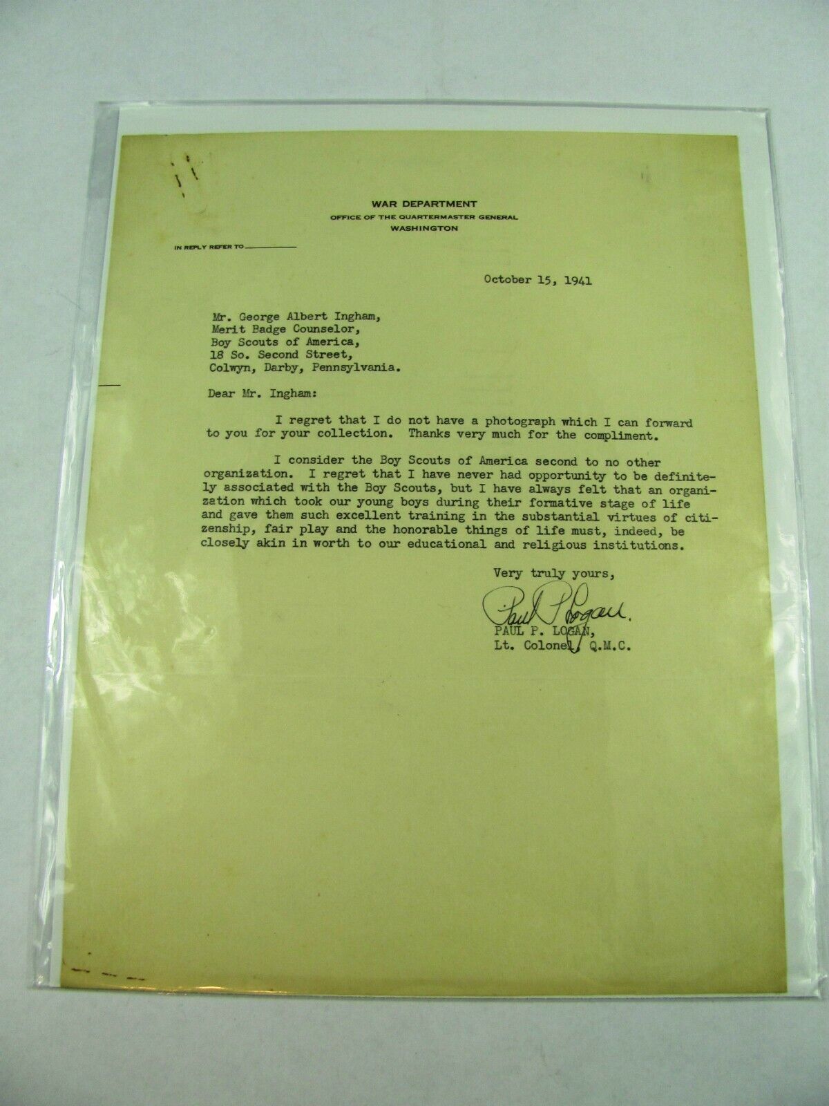 1941 Letter Signature Paul P Logan Army Quartermaster Boy Scout Praise Logan Bar