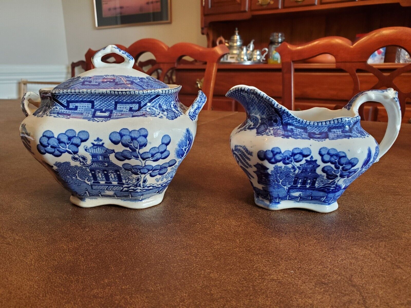 Antique Buffalo Pottery Blue Willow Creamer and Sugar Bowl 1911 Flow Blue