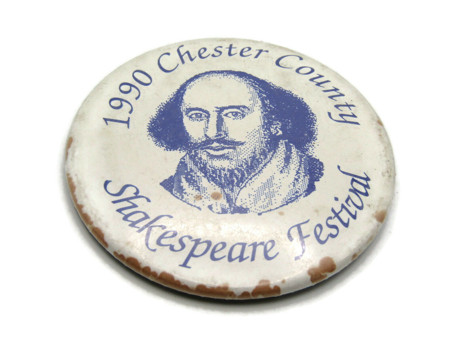 1990 Chester County Pin Shakespeare Festival White Background Blue Lettering